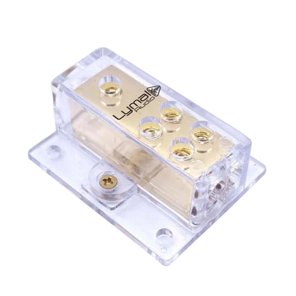 Lymal Audio LT-DB48 Power Distribution Block with gold plating, featuring one 4ga input and four 8ga outputs, precision machined base.