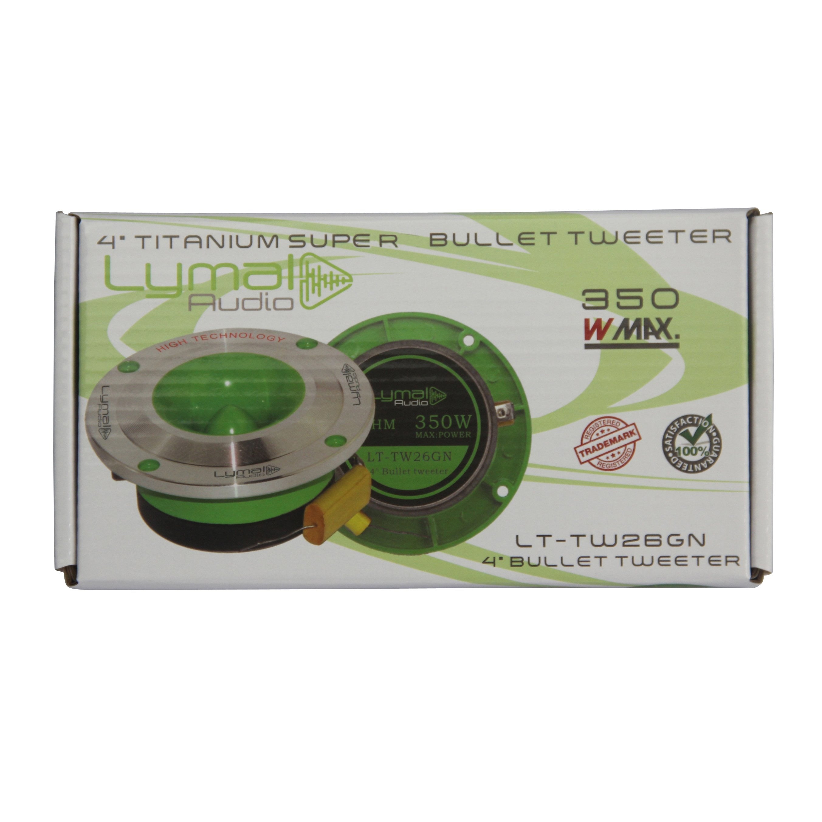 Lymal Audio LT-TW26GN PRO Bullet 3.75″ Super Tweeters in green, showcasing their compact design and aluminum diaphragm.