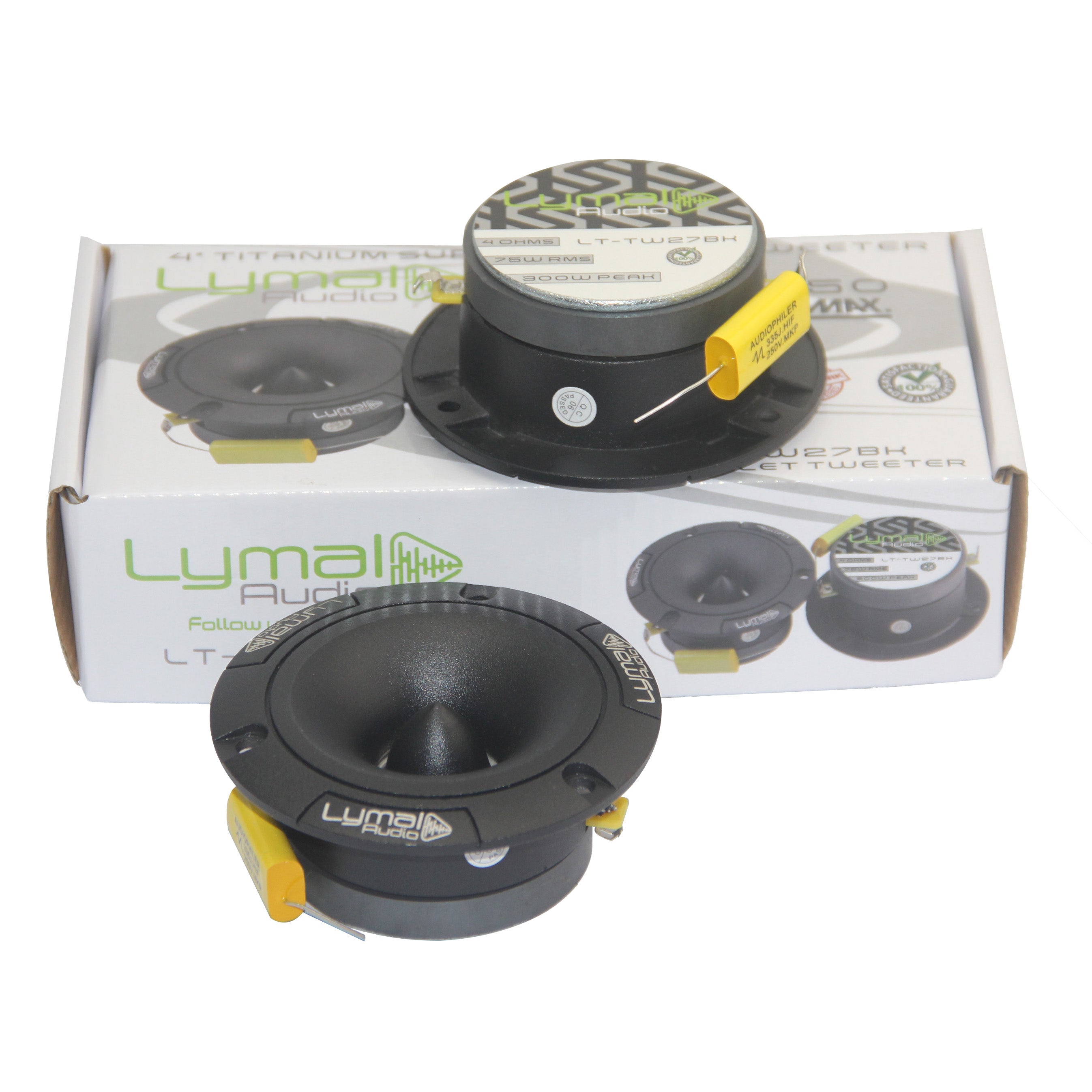 Lymal Audio LT-TW27BK PRO Bullet 3.75″ Super Tweeters in black, showcasing their sleek design and compact size.