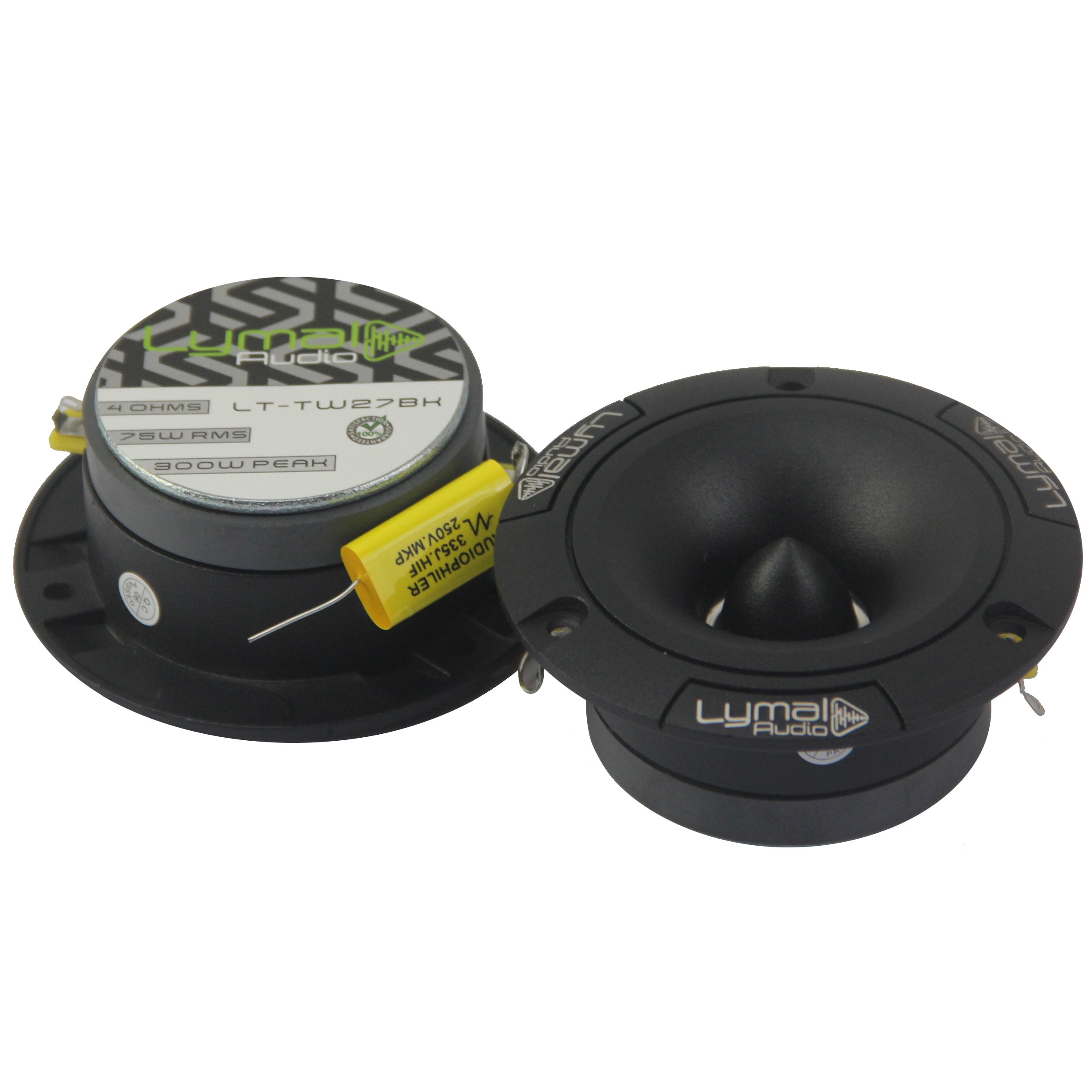 Lymal Audio LT-TW27BK PRO Bullet 3.75″ Super Tweeters in black, showcasing their sleek design and compact size.