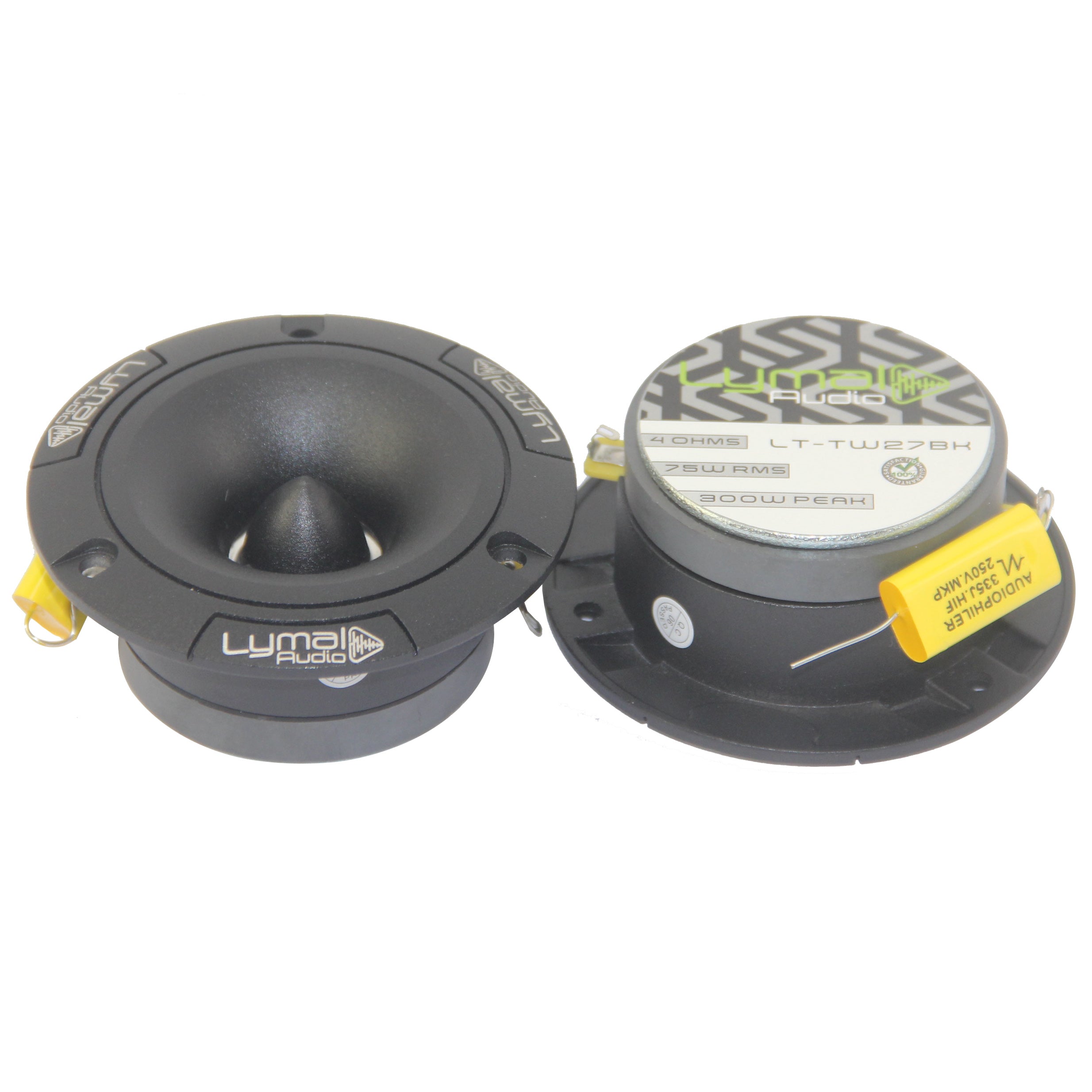 Lymal Audio LT-TW27BK PRO Bullet 3.75″ Super Tweeters in black, showcasing their sleek design and compact size.