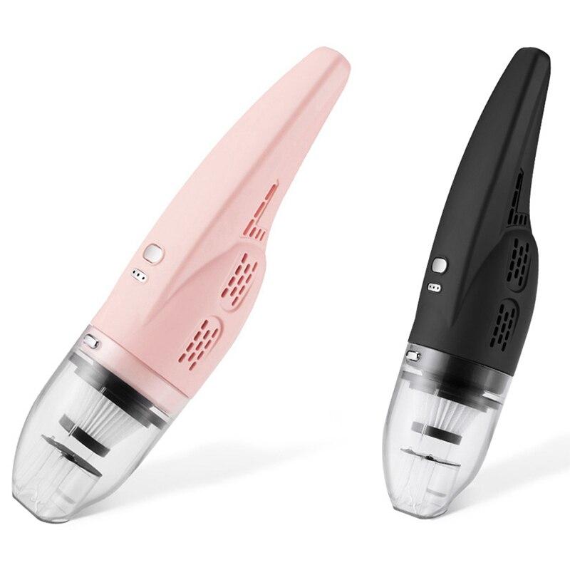 Mini handheld vacuum cleaner in pink and black, designed for car and home use, showcasing its compact size and accessories.