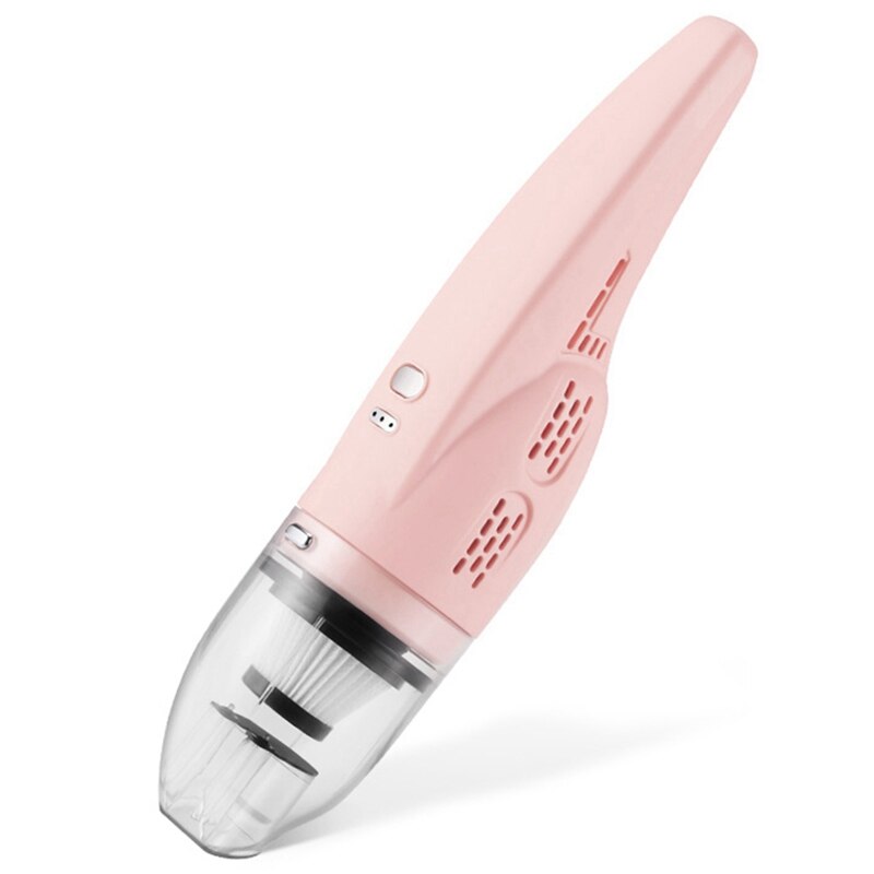 Mini handheld vacuum cleaner in pink and black, designed for car and home use, showcasing its compact size and accessories.