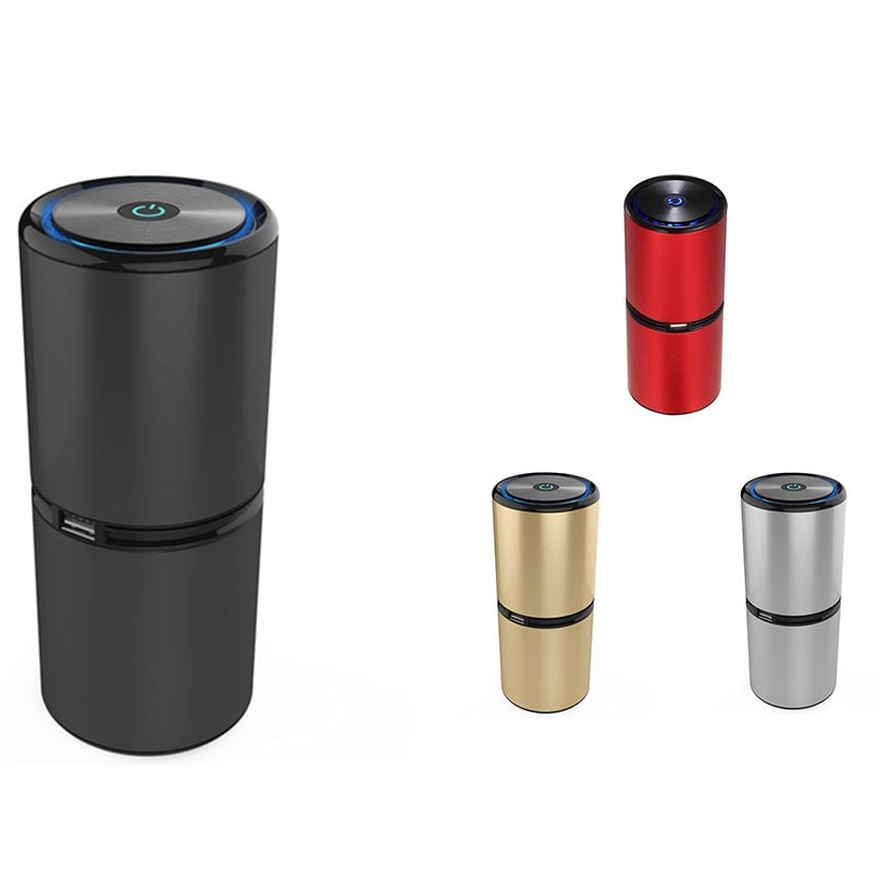 Mini Portable Negative Ion Air Purifier for Car in black, showcasing its sleek aluminum alloy design and compact size.