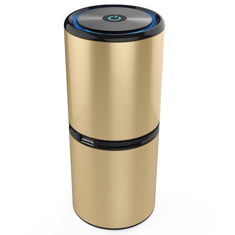 Mini Portable Negative Ion Air Purifier for Car in black, showcasing its sleek aluminum alloy design and compact size.