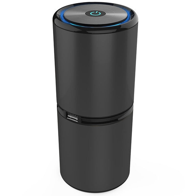 Mini Portable Negative Ion Air Purifier for Car in black, showcasing its sleek aluminum alloy design and compact size.