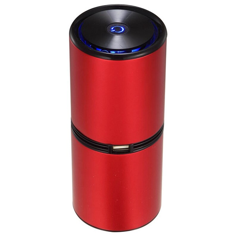 Mini Portable Negative Ion Air Purifier for Car in black, showcasing its sleek aluminum alloy design and compact size.