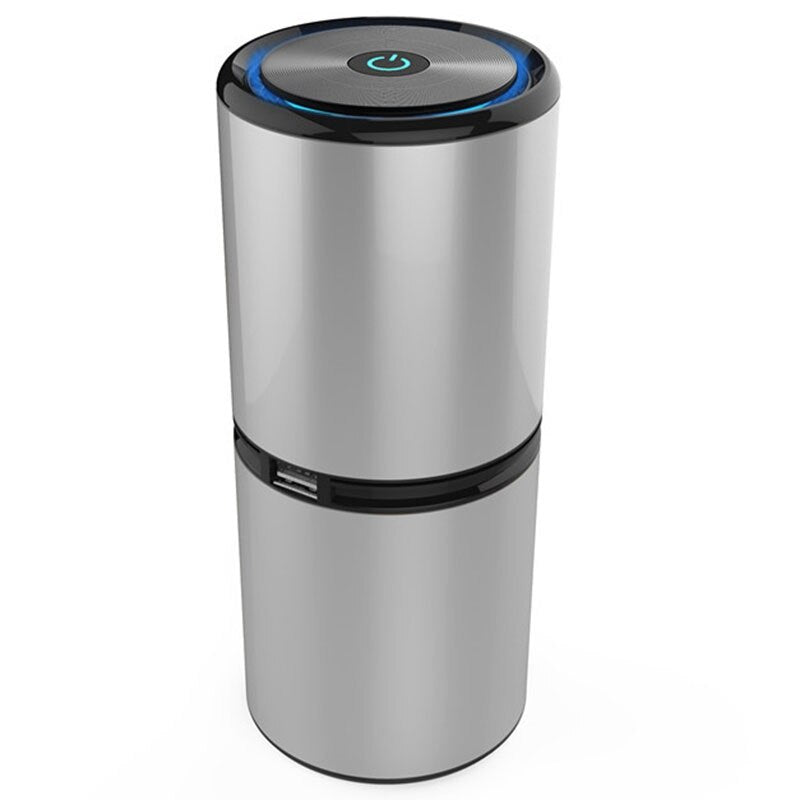 Mini Portable Negative Ion Air Purifier for Car in black, showcasing its sleek aluminum alloy design and compact size.