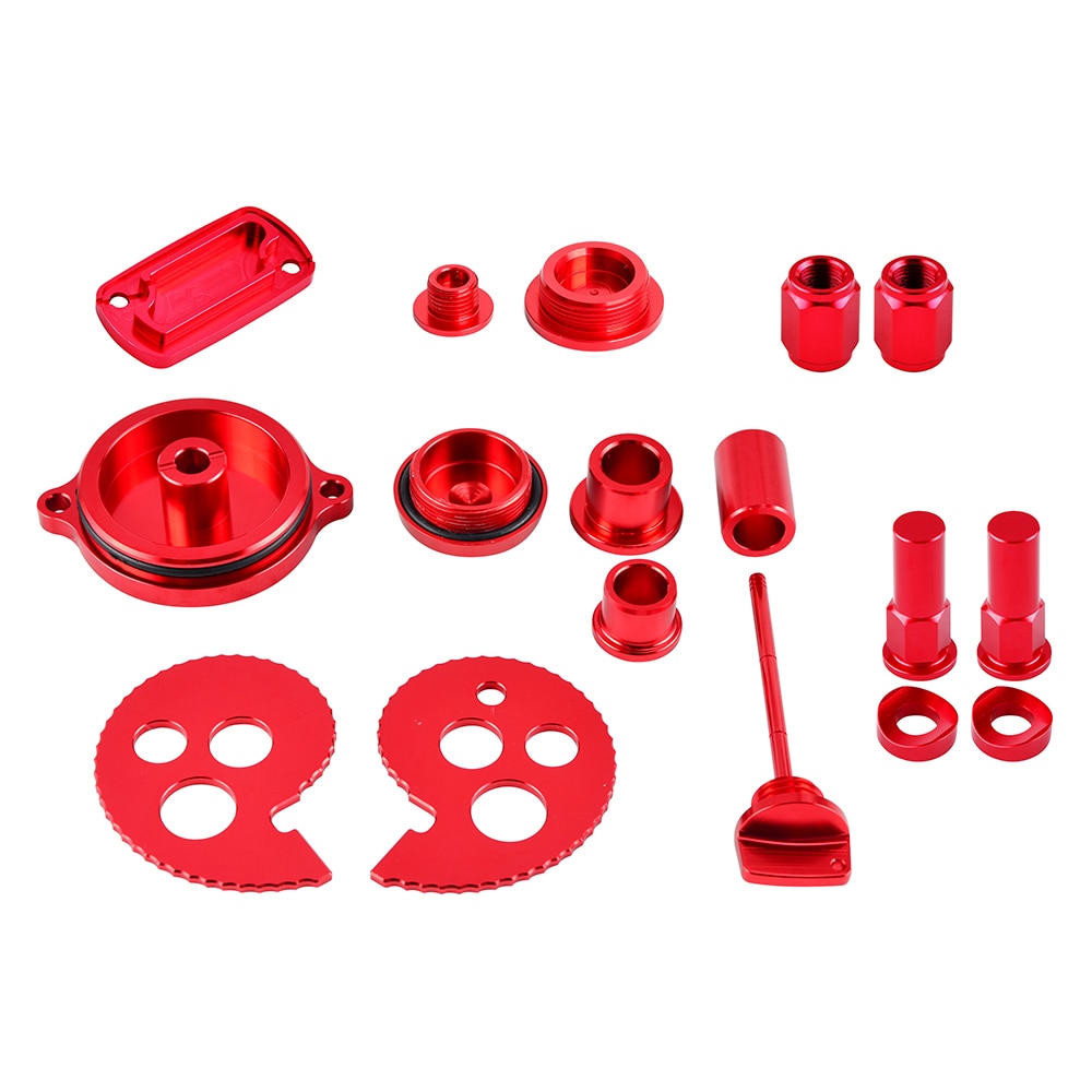 Red anodized automotive parts set.