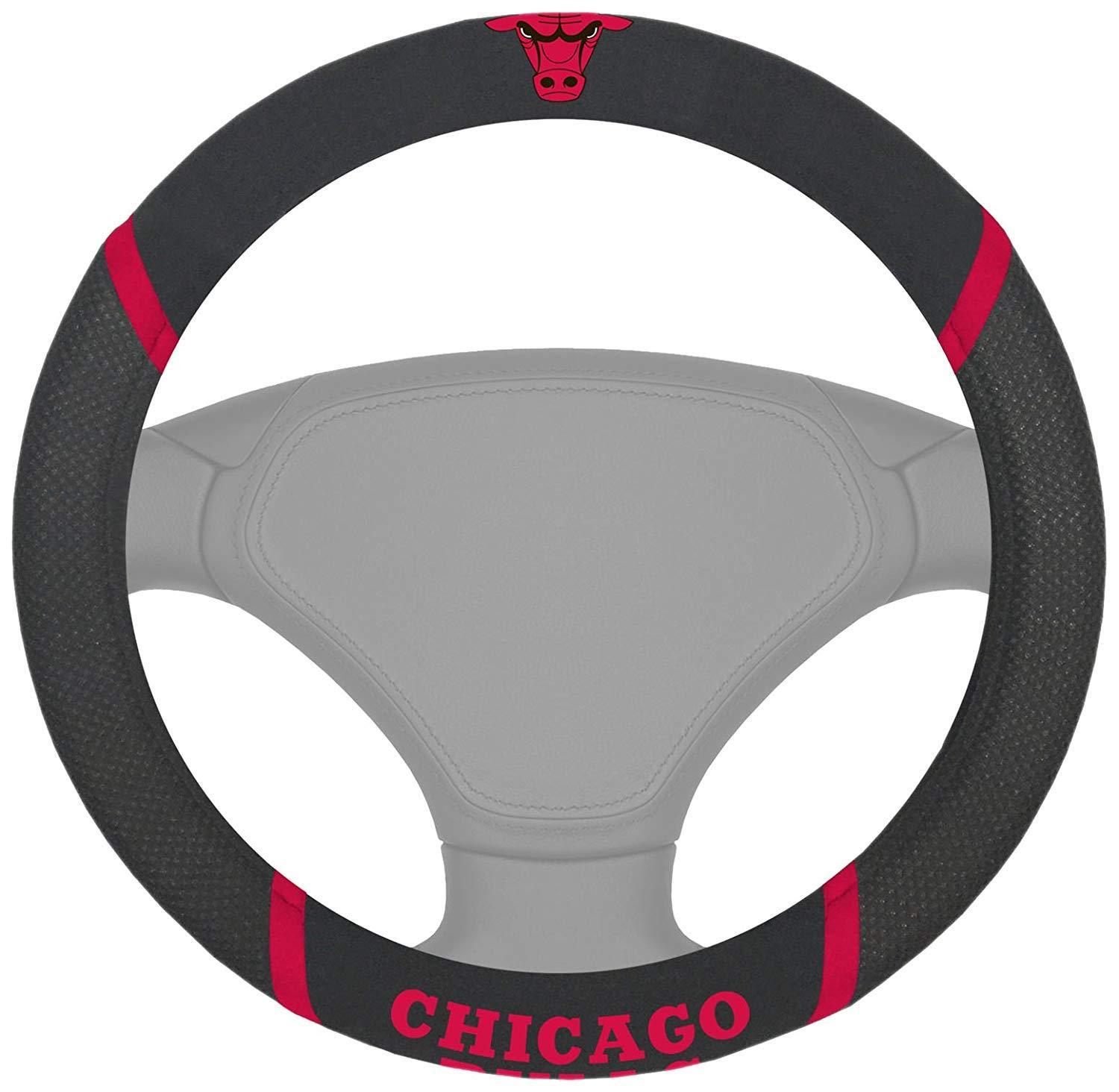 NBA Car Steering Wheel Cover featuring embroidered team logo and name, made of soft grippy mesh and faux suede for comfort and style.