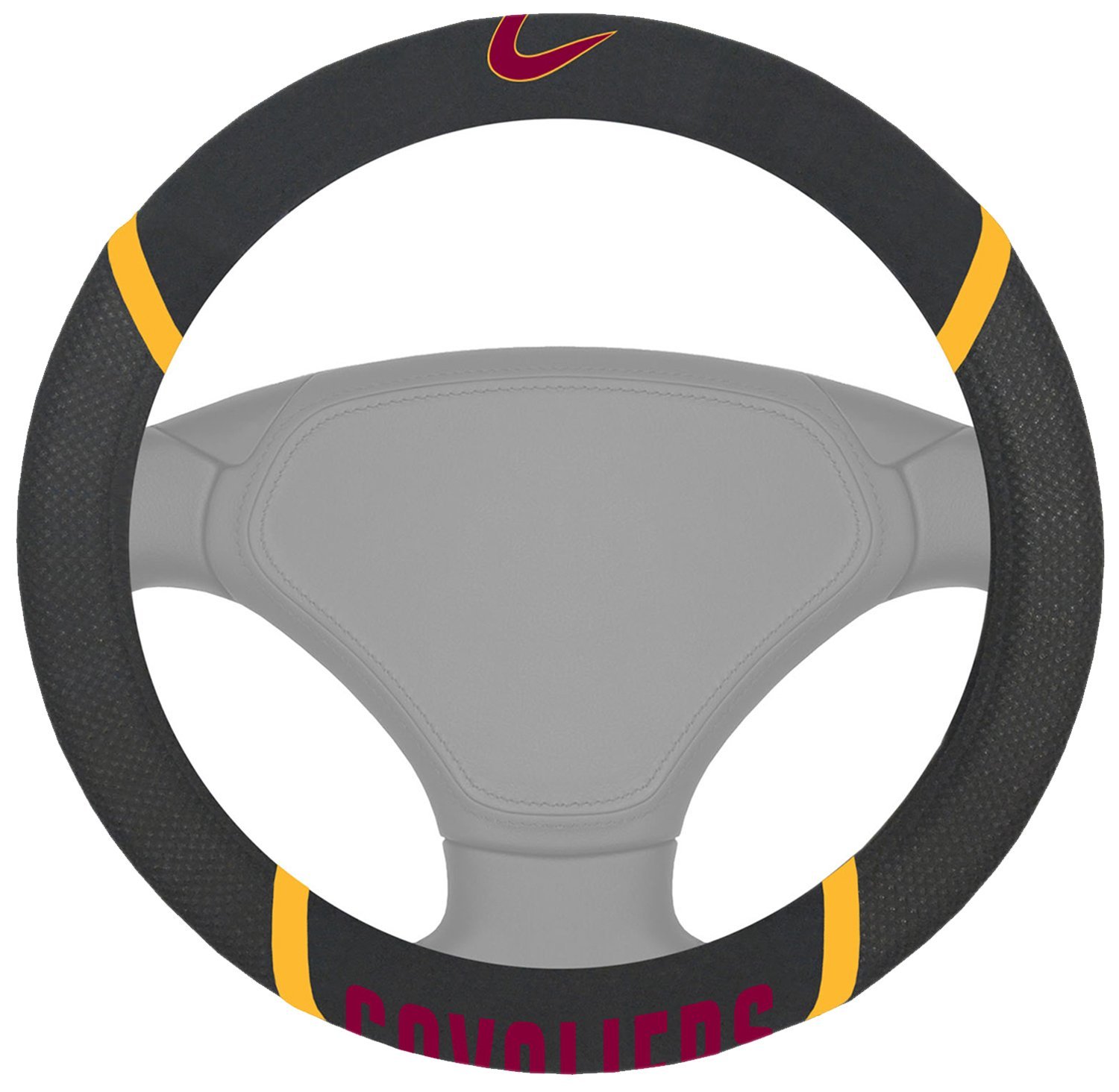 NBA Car Steering Wheel Cover featuring embroidered team logo and name, made of soft grippy mesh and faux suede for comfort and style.