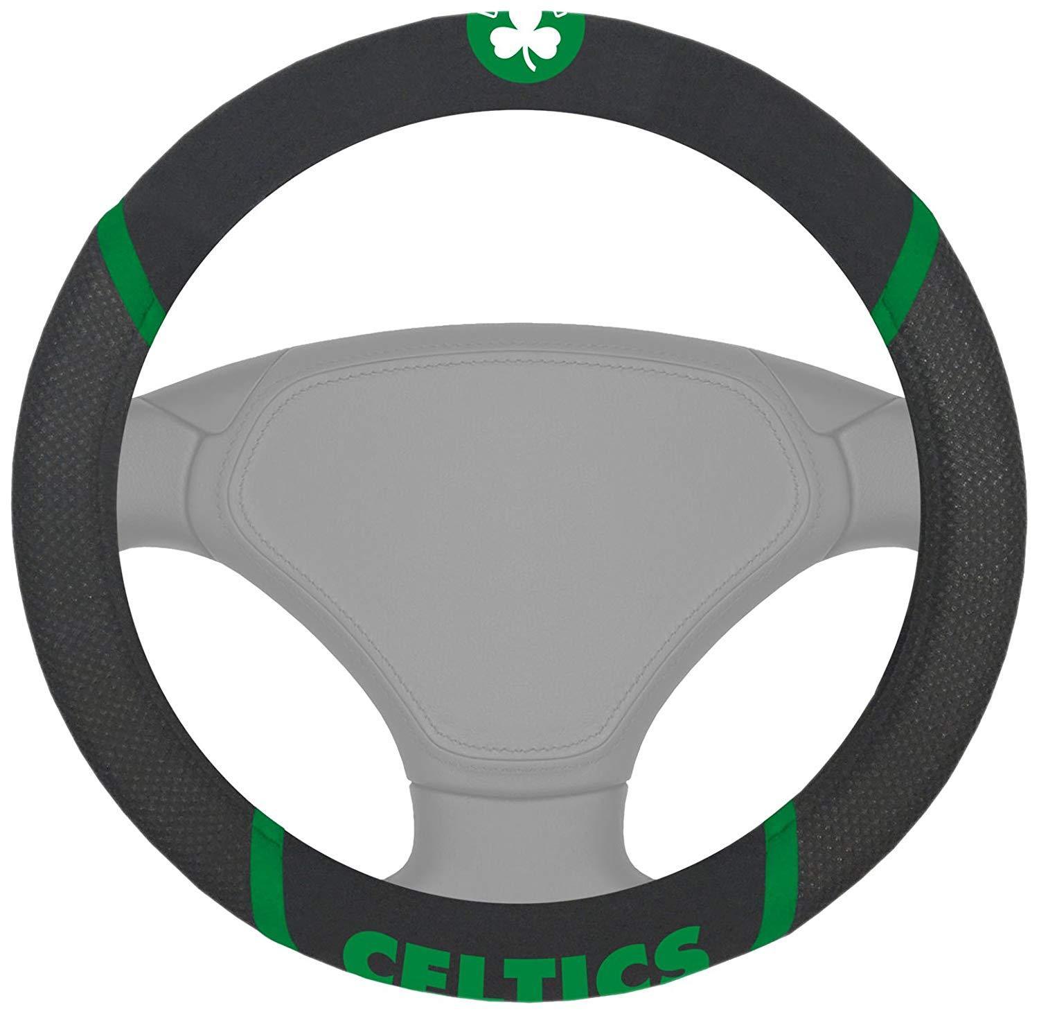 NBA Car Steering Wheel Cover featuring embroidered team logo and name, made of soft grippy mesh and faux suede for comfort and style.