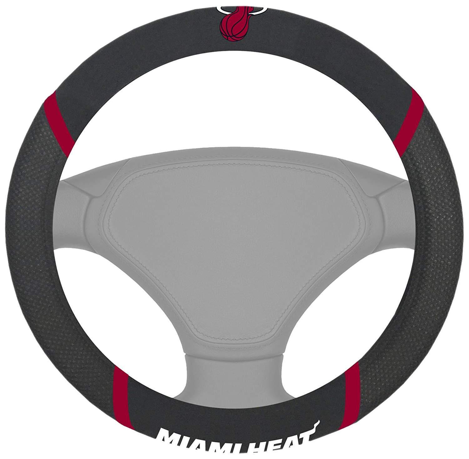 NBA Car Steering Wheel Cover featuring embroidered team logo and name, made of soft grippy mesh and faux suede for comfort and style.