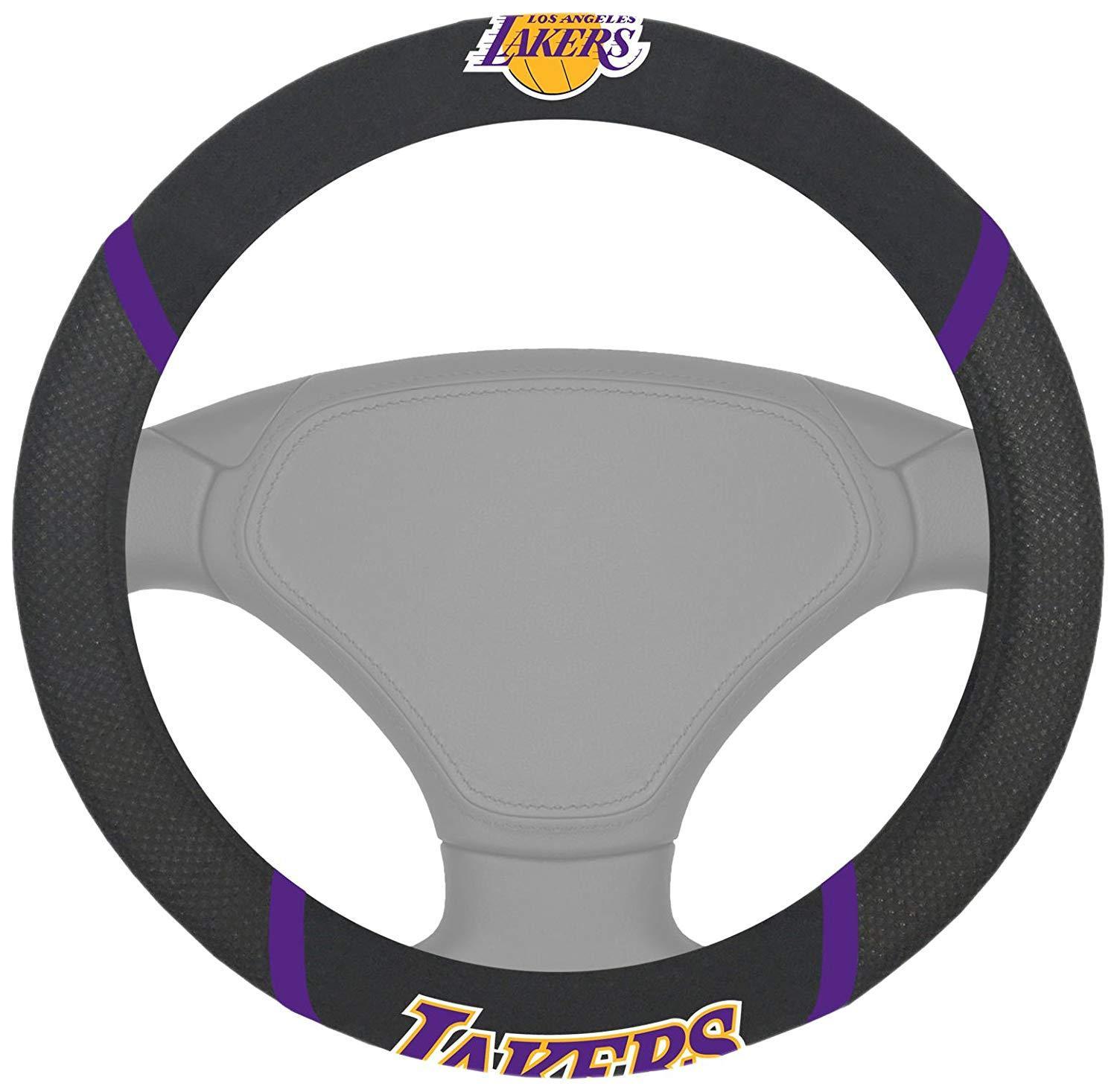 NBA Car Steering Wheel Cover featuring embroidered team logo and name, made of soft grippy mesh and faux suede for comfort and style.