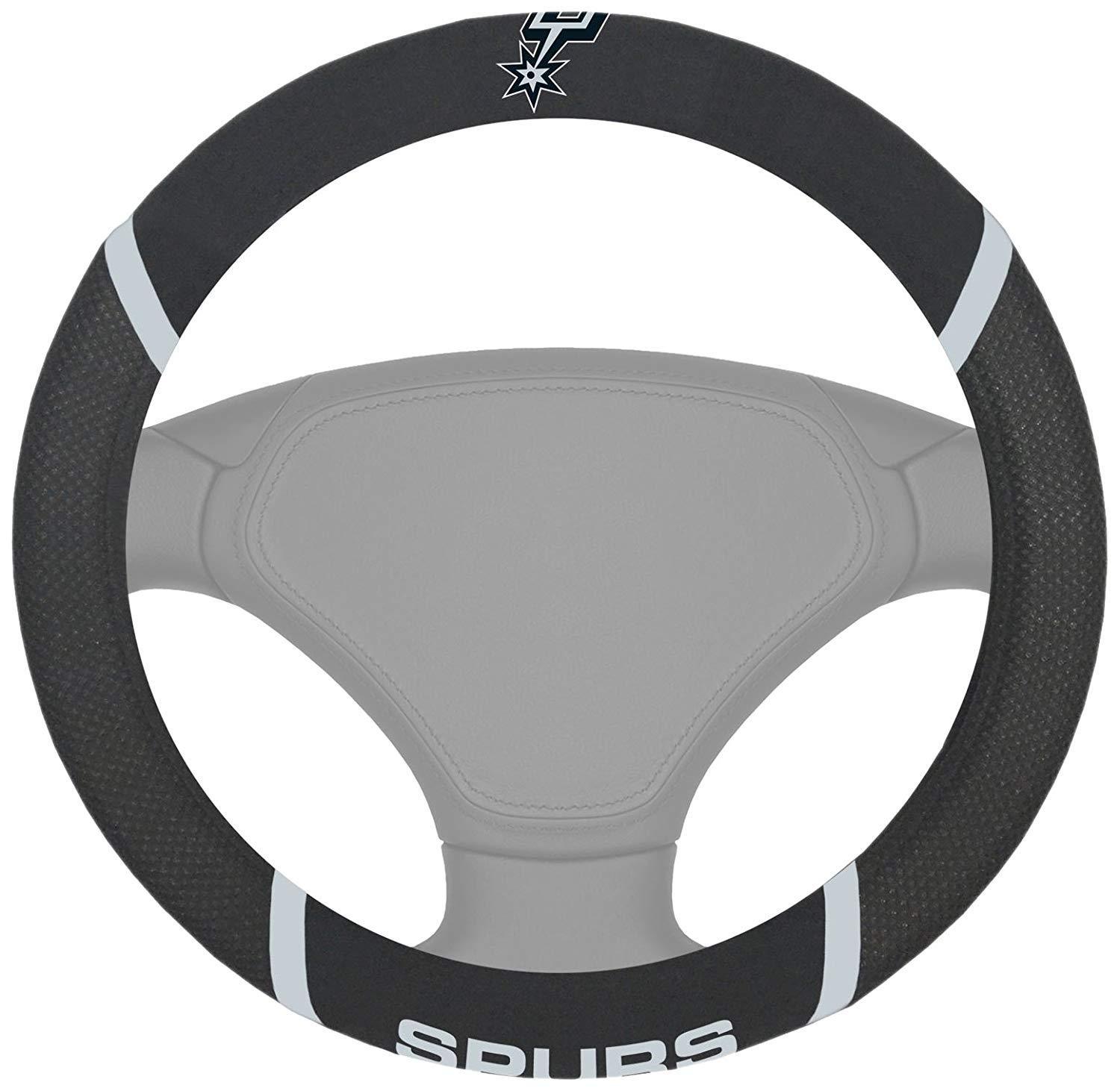 NBA Car Steering Wheel Cover featuring embroidered team logo and name, made of soft grippy mesh and faux suede for comfort and style.