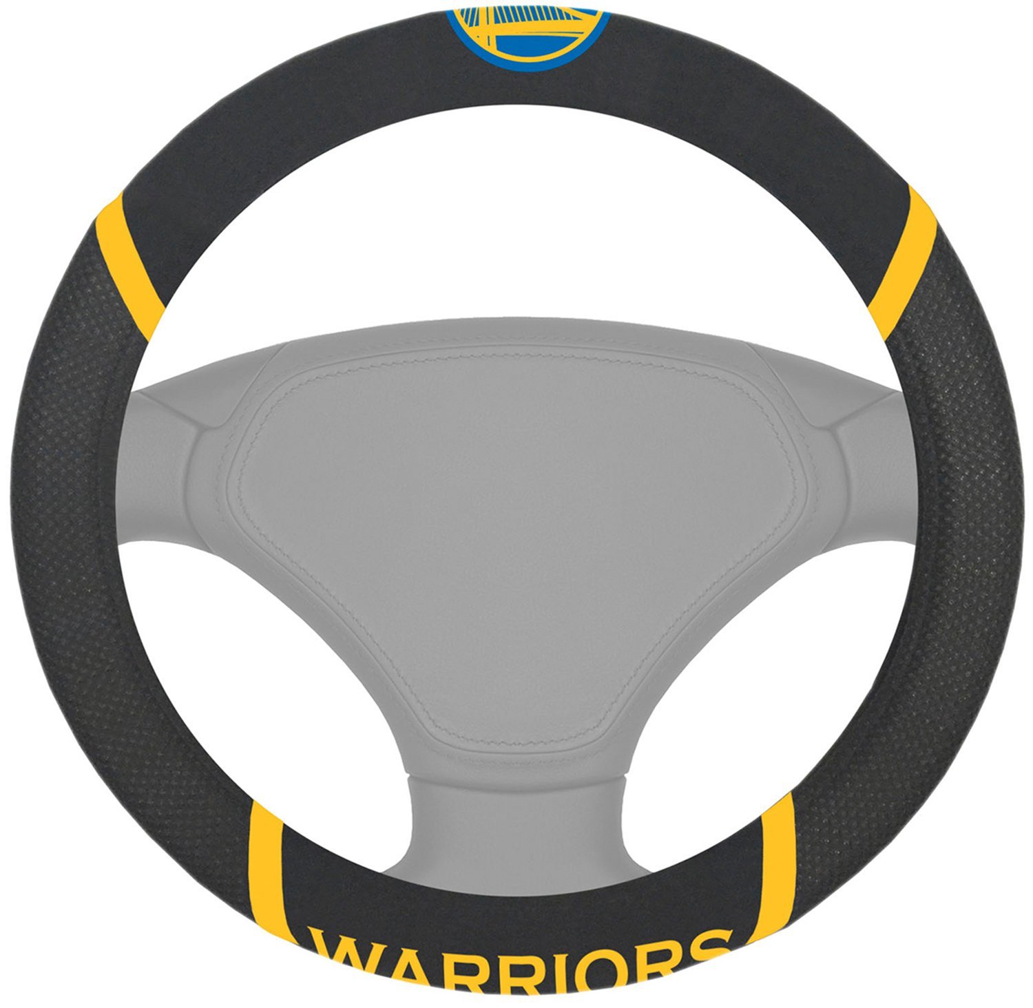 NBA Car Steering Wheel Cover featuring embroidered team logo and name, made of soft grippy mesh and faux suede for comfort and style.