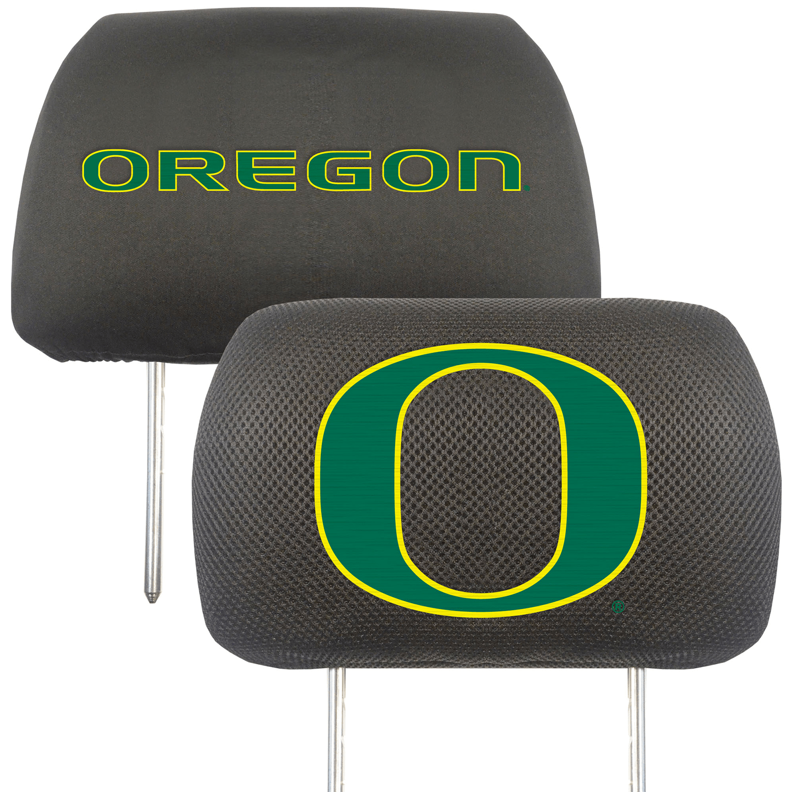 NCAA 2-PC CAR HEADREST COVER SET featuring embroidered team logos and names on soft polyester and mesh materials, designed for universal fit.