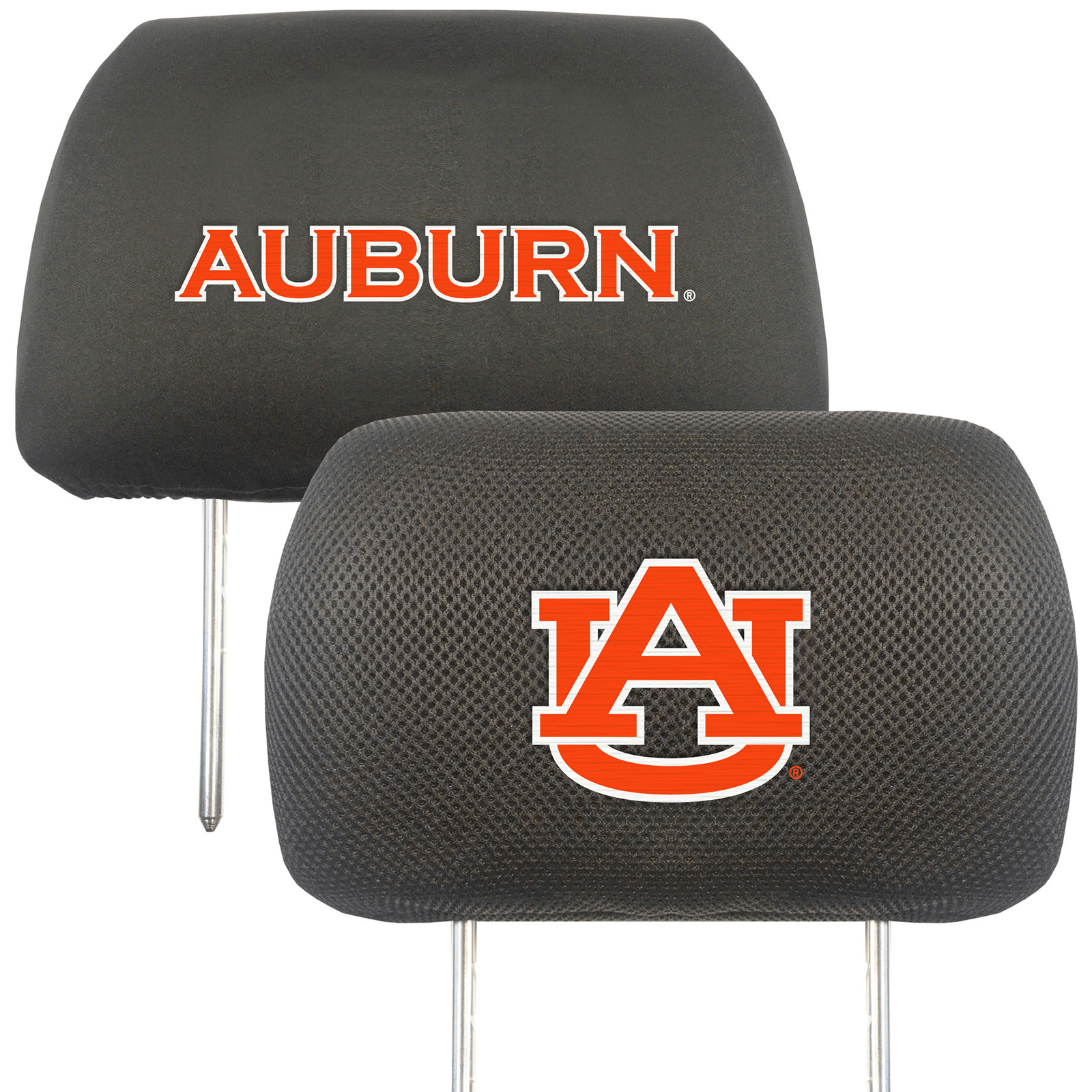 NCAA 2-PC CAR HEADREST COVER SET featuring embroidered team logos and names on soft polyester and mesh materials, designed for universal fit.