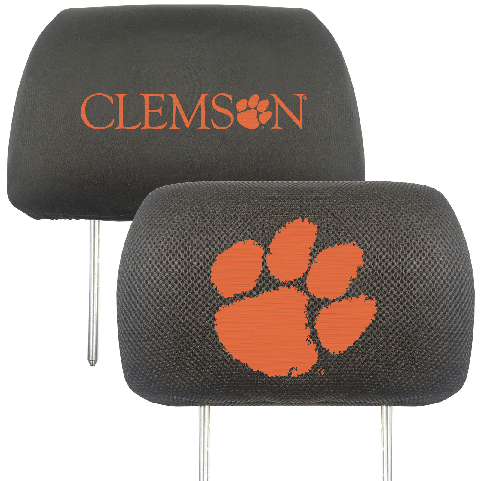 NCAA 2-PC CAR HEADREST COVER SET featuring embroidered team logos and names on soft polyester and mesh materials, designed for universal fit.