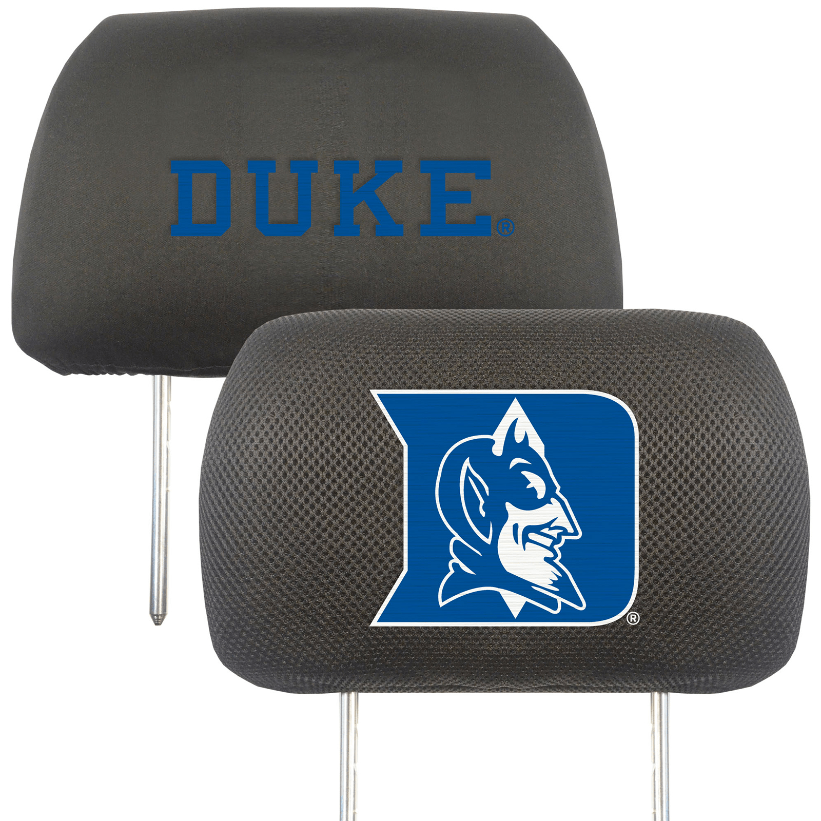 NCAA 2-PC CAR HEADREST COVER SET featuring embroidered team logos and names on soft polyester and mesh materials, designed for universal fit.