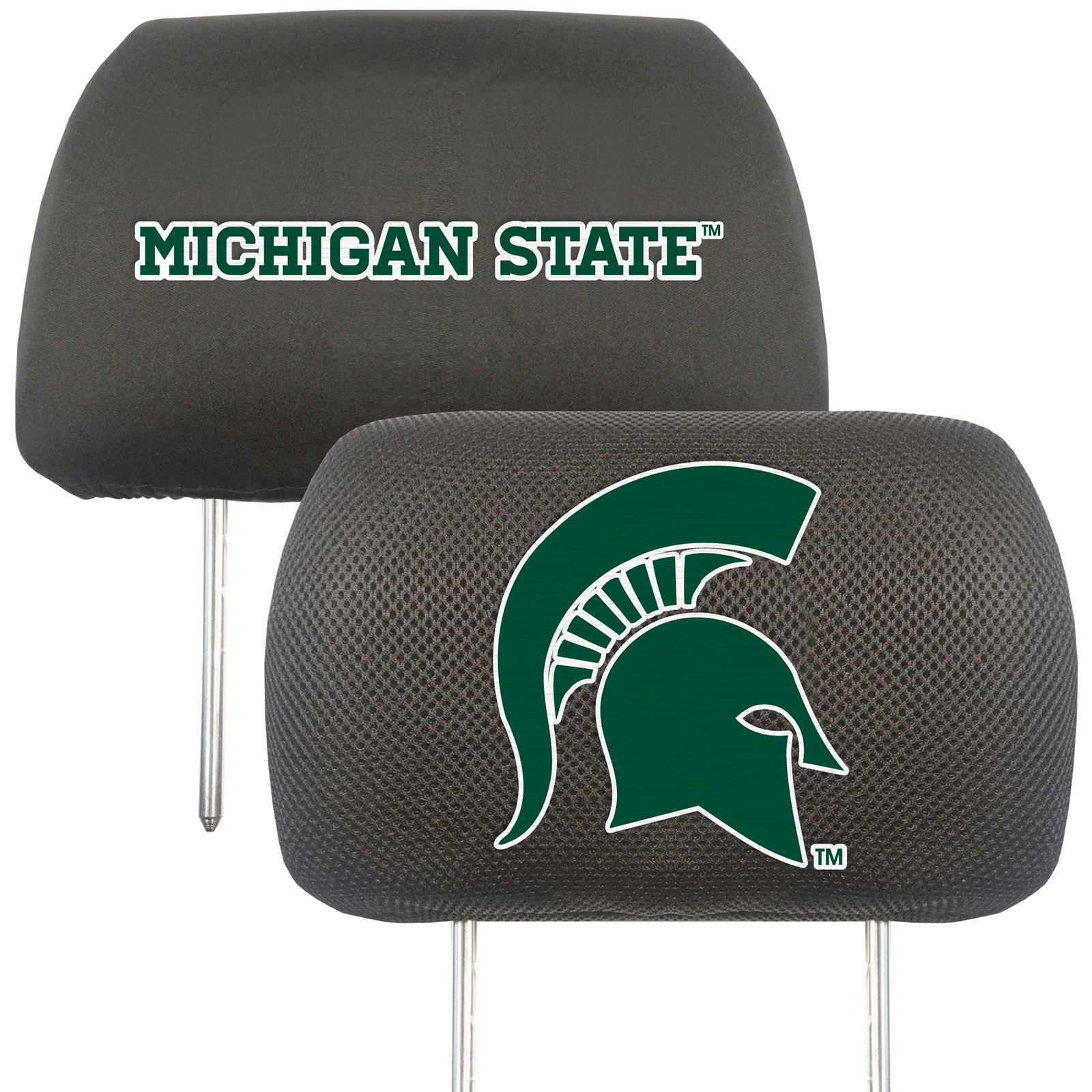 NCAA 2-PC CAR HEADREST COVER SET featuring embroidered team logos and names on soft polyester and mesh materials, designed for universal fit.