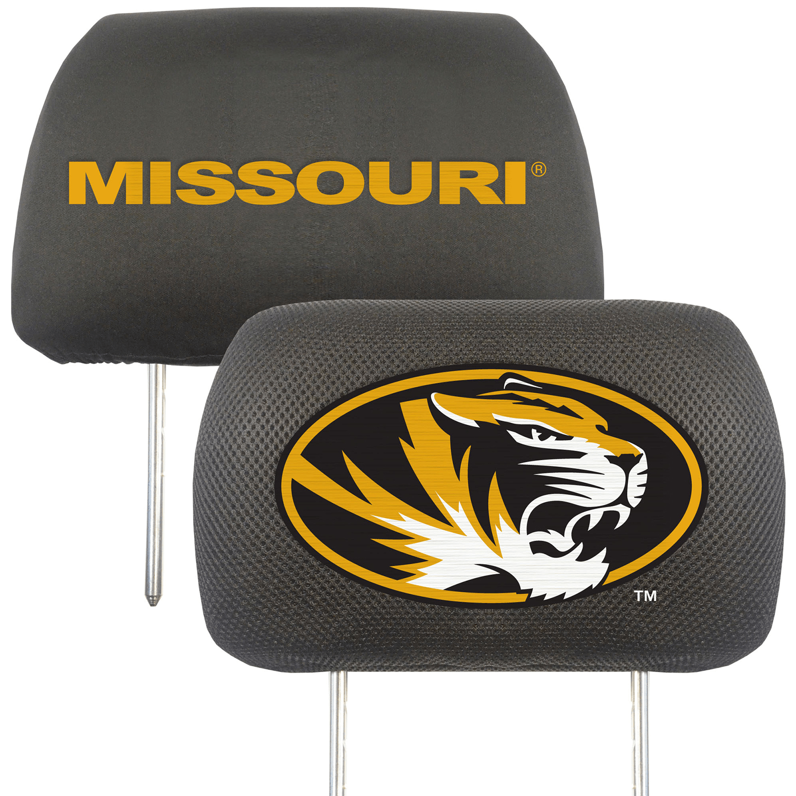 NCAA 2-PC CAR HEADREST COVER SET featuring embroidered team logos and names on soft polyester and mesh materials, designed for universal fit.