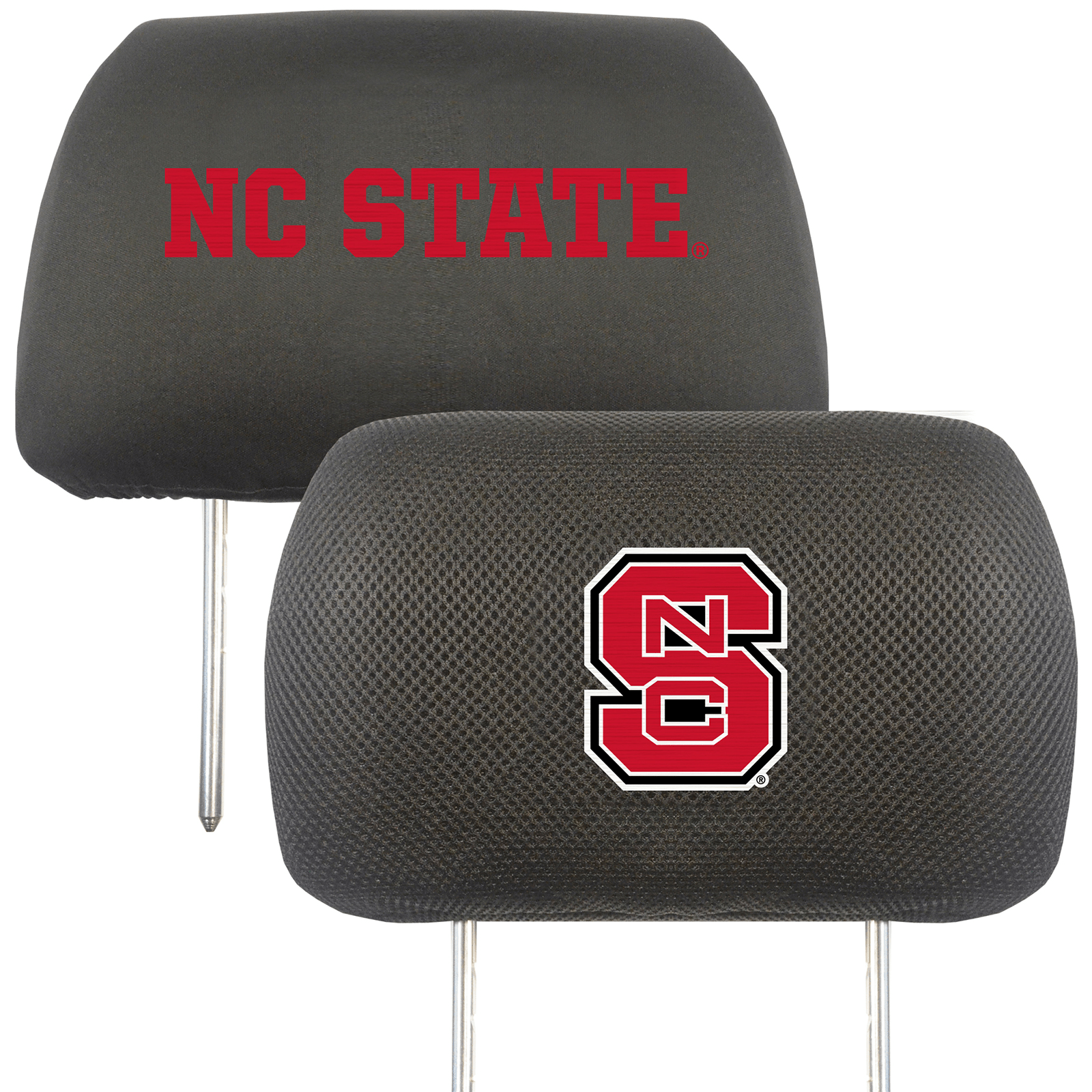 NCAA 2-PC CAR HEADREST COVER SET featuring embroidered team logos and names on soft polyester and mesh materials, designed for universal fit.