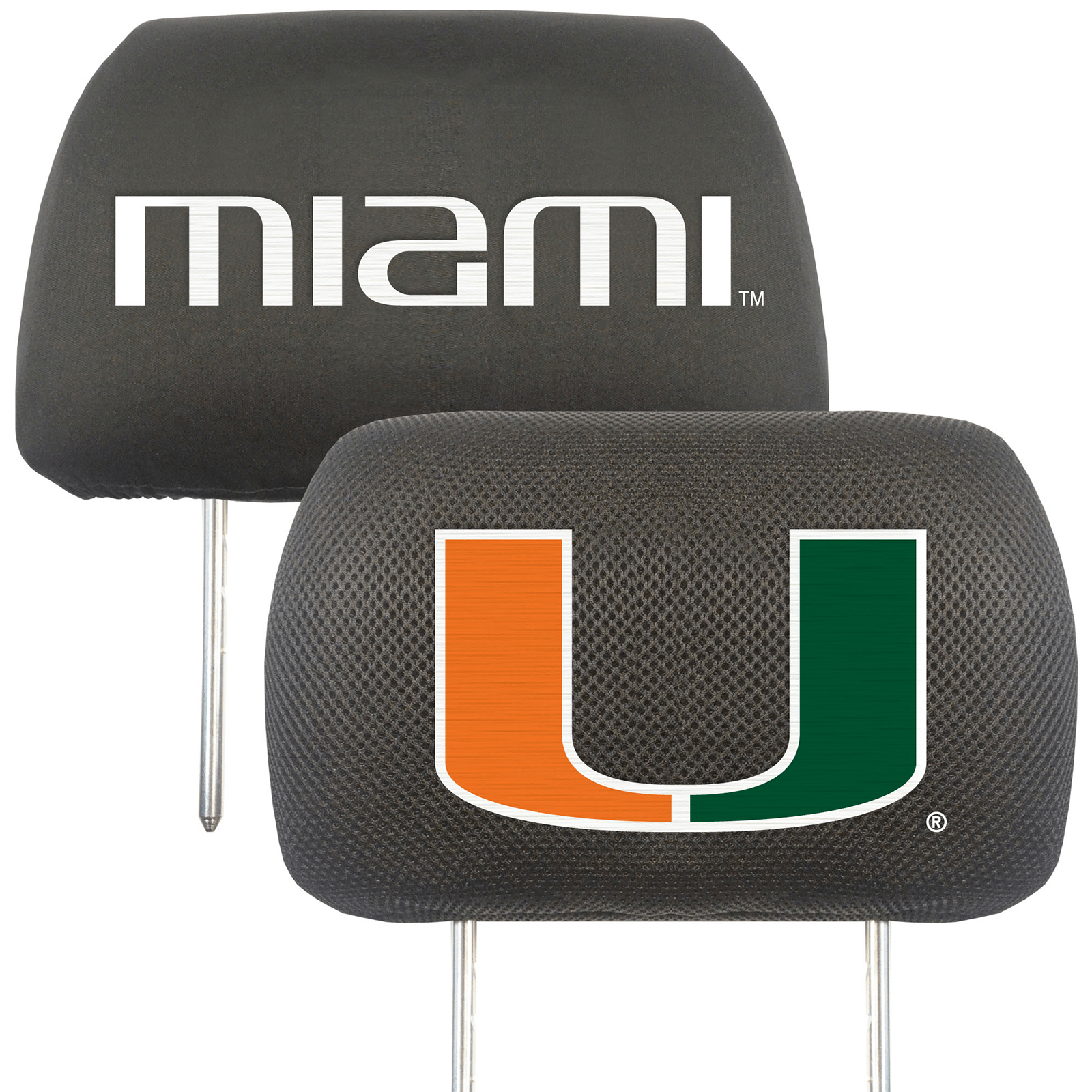 NCAA 2-PC CAR HEADREST COVER SET featuring embroidered team logos and names on soft polyester and mesh materials, designed for universal fit.