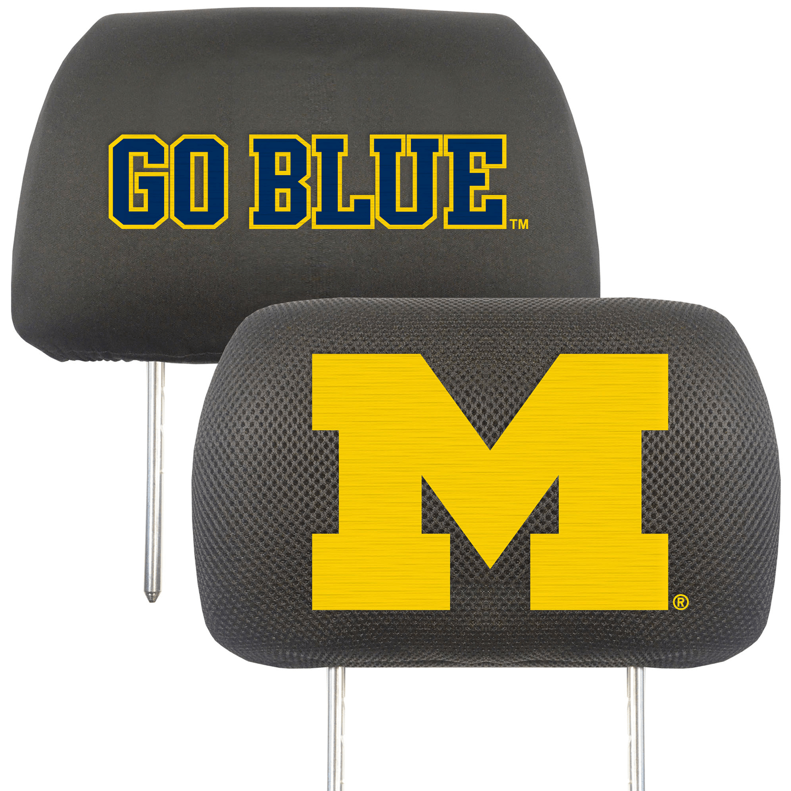 NCAA 2-PC CAR HEADREST COVER SET featuring embroidered team logos and names on soft polyester and mesh materials, designed for universal fit.