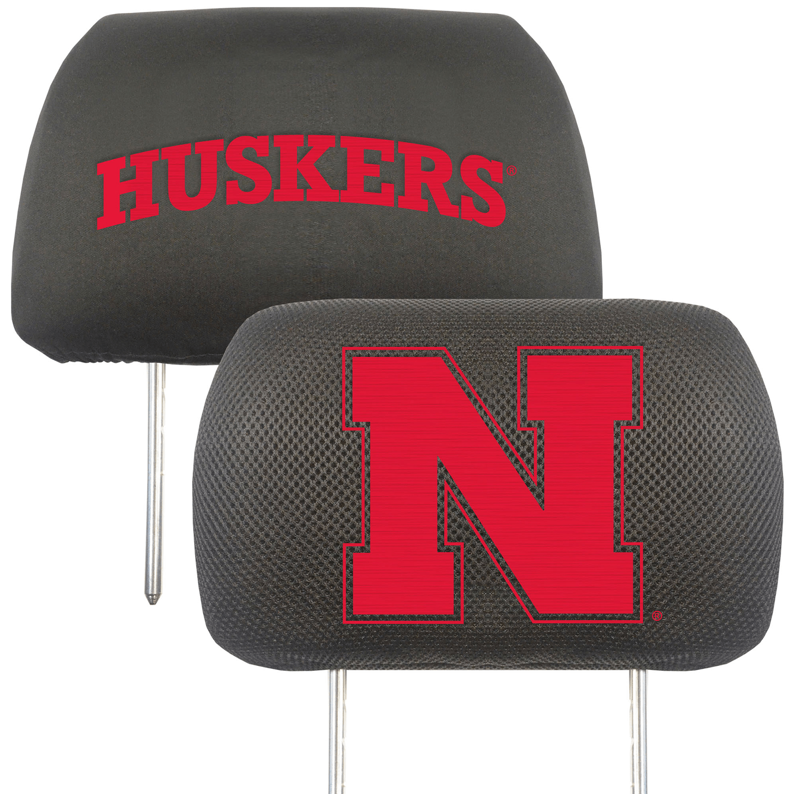 NCAA 2-PC CAR HEADREST COVER SET featuring embroidered team logos and names on soft polyester and mesh materials, designed for universal fit.