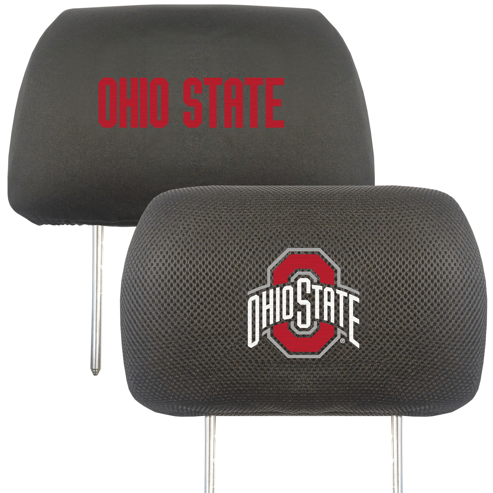 NCAA 2-PC CAR HEADREST COVER SET featuring embroidered team logos and names on soft polyester and mesh materials, designed for universal fit.