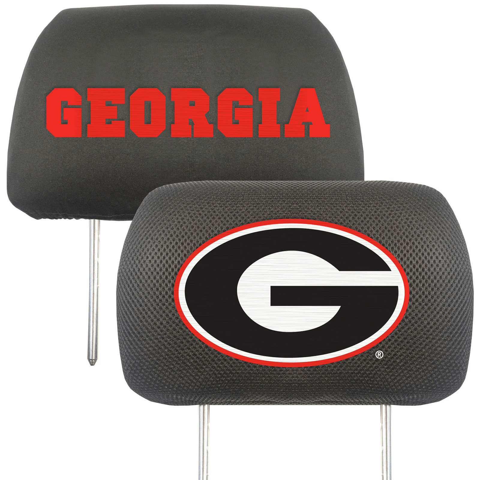 NCAA 2-PC CAR HEADREST COVER SET featuring embroidered team logos and names on soft polyester and mesh materials, designed for universal fit.