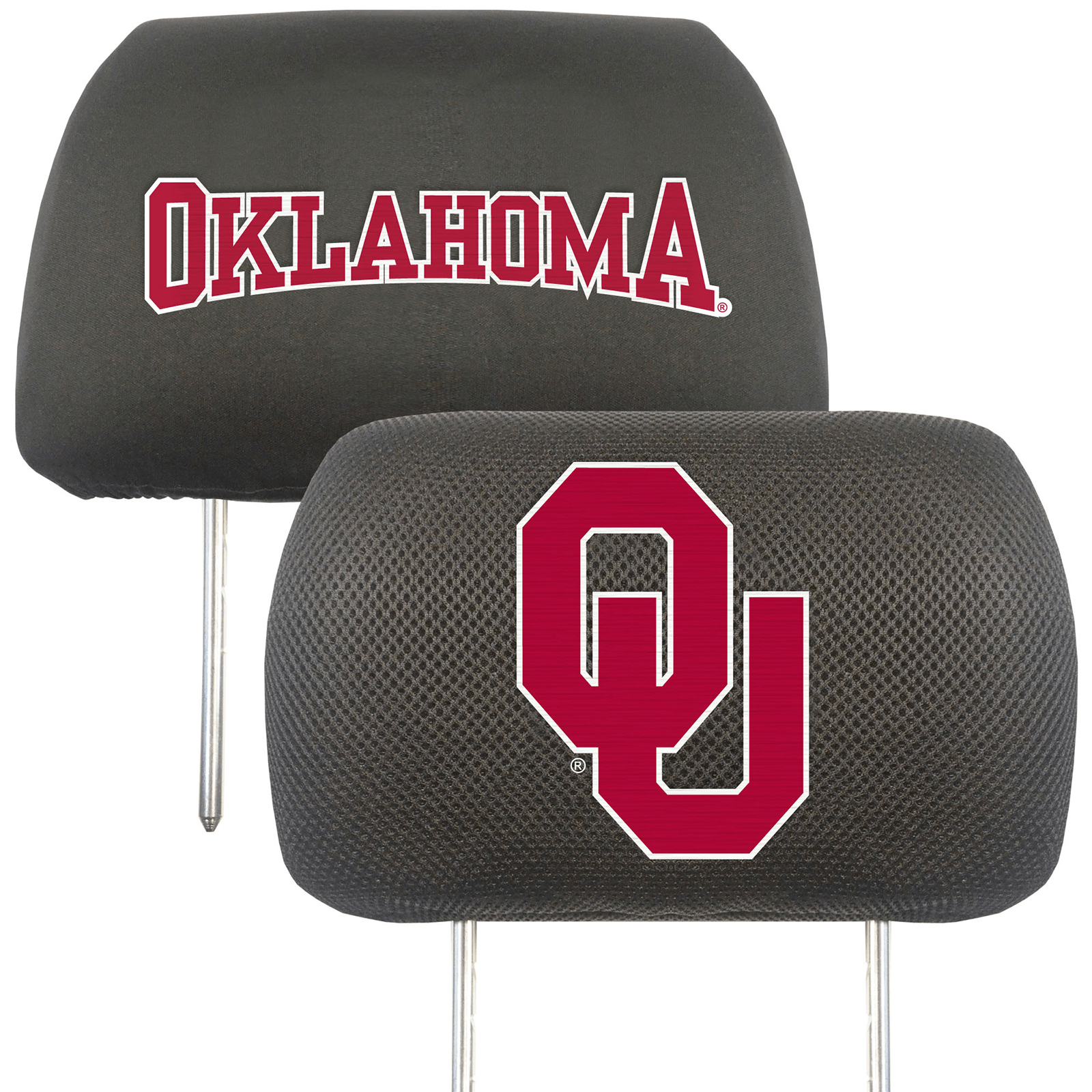 NCAA 2-PC CAR HEADREST COVER SET featuring embroidered team logos and names on soft polyester and mesh materials, designed for universal fit.