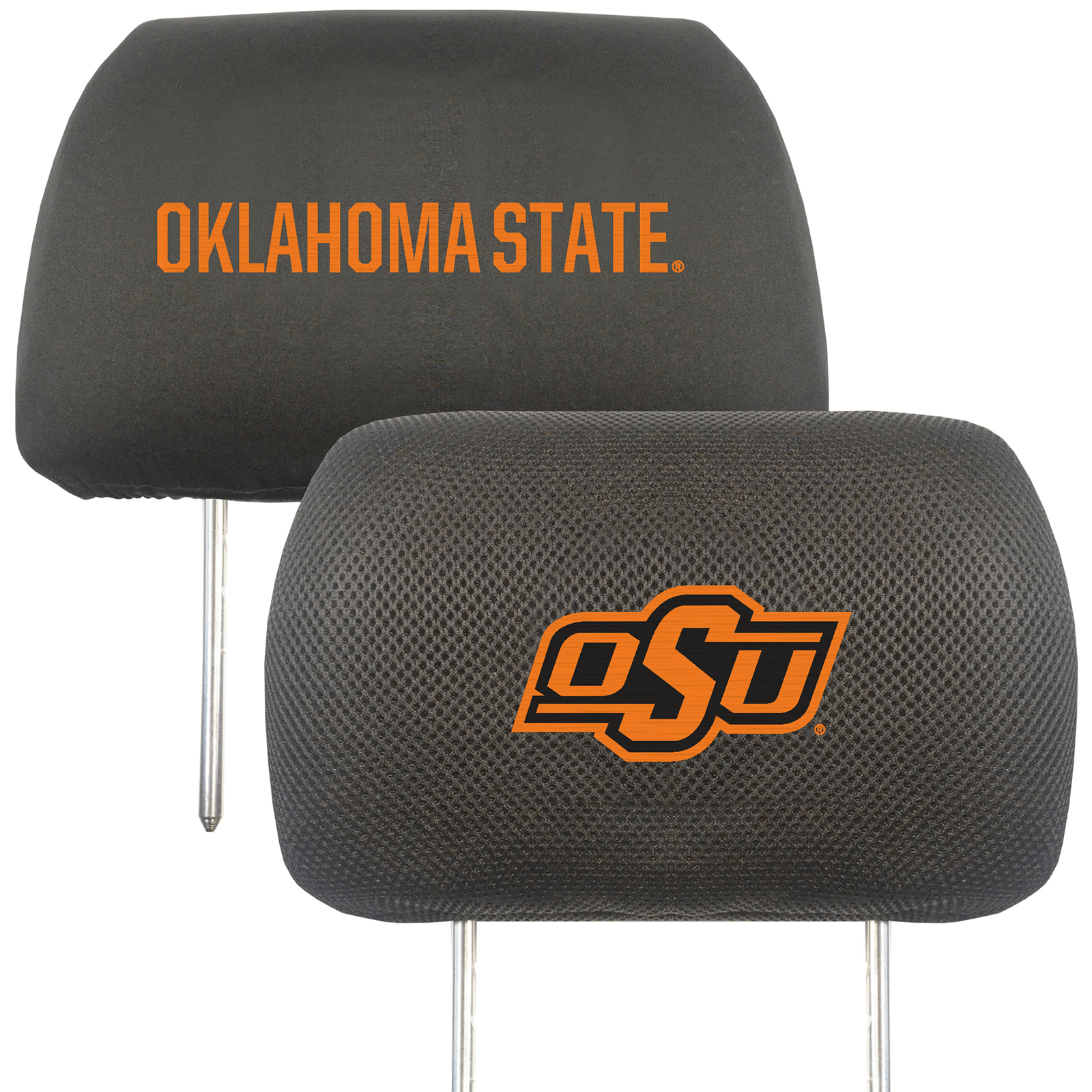 NCAA 2-PC CAR HEADREST COVER SET featuring embroidered team logos and names on soft polyester and mesh materials, designed for universal fit.