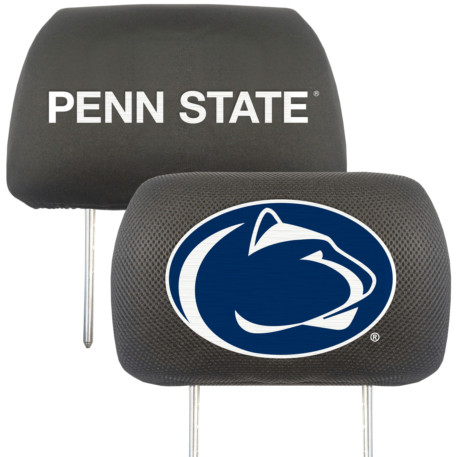 NCAA 2-PC CAR HEADREST COVER SET featuring embroidered team logos and names on soft polyester and mesh materials, designed for universal fit.