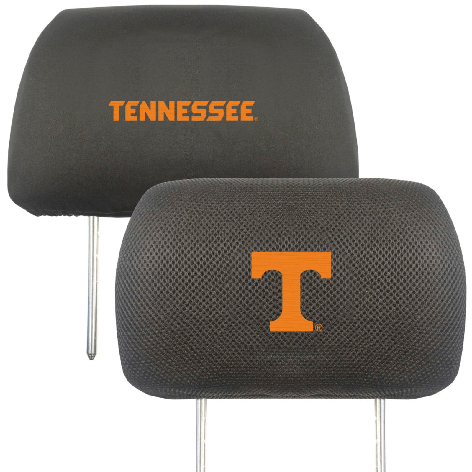 NCAA 2-PC CAR HEADREST COVER SET featuring embroidered team logos and names on soft polyester and mesh materials, designed for universal fit.