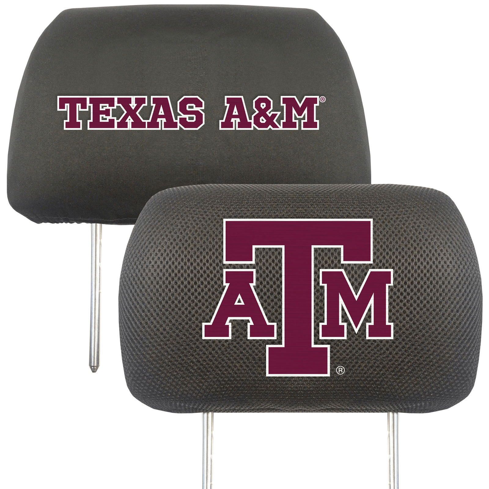 NCAA 2-PC CAR HEADREST COVER SET featuring embroidered team logos and names on soft polyester and mesh materials, designed for universal fit.