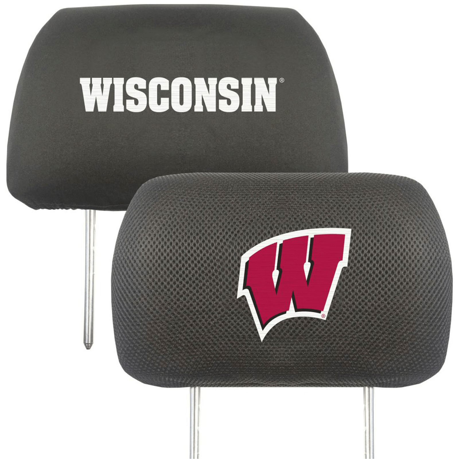 NCAA 2-PC CAR HEADREST COVER SET featuring embroidered team logos and names on soft polyester and mesh materials, designed for universal fit.