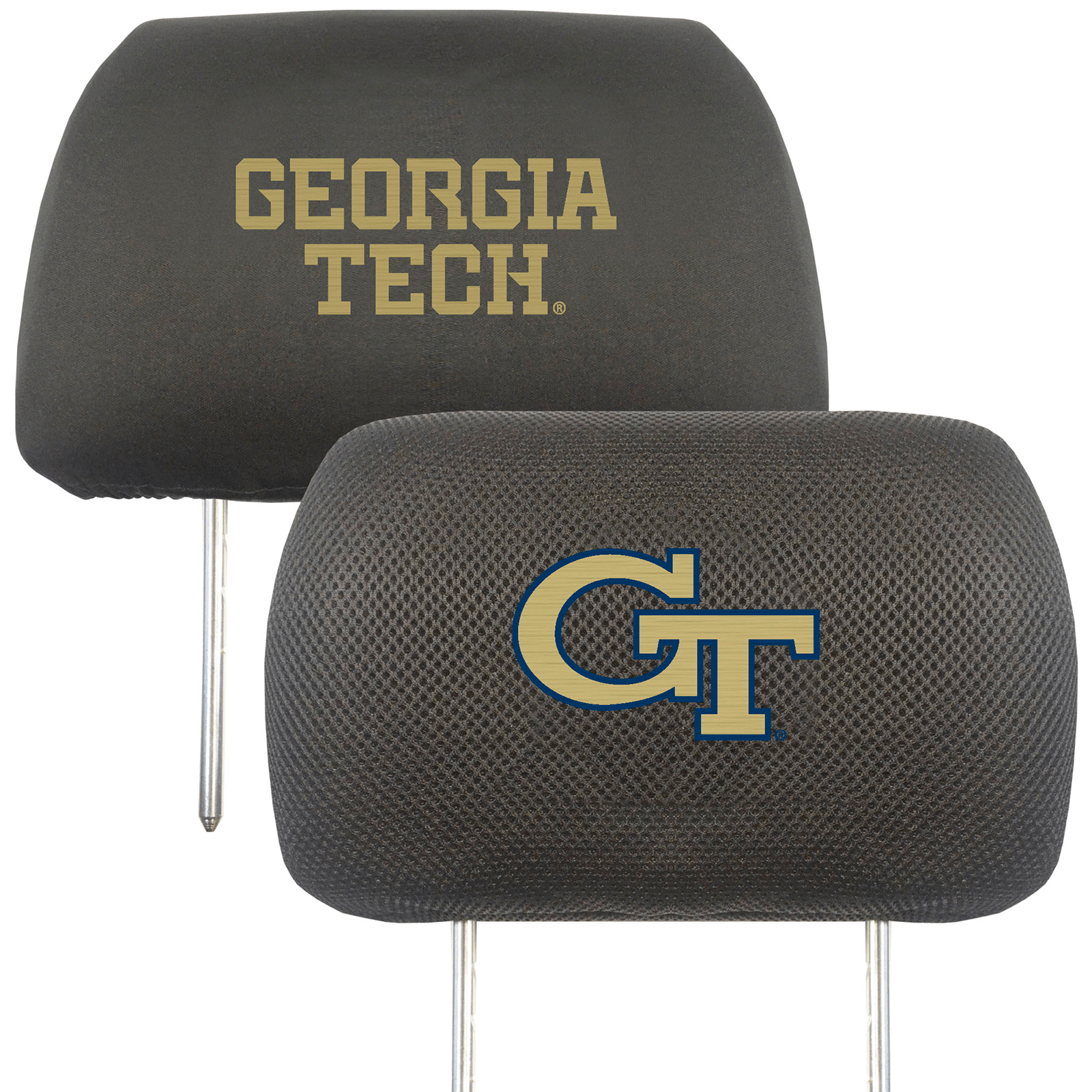 NCAA 2-PC CAR HEADREST COVER SET featuring embroidered team logos and names on soft polyester and mesh materials, designed for universal fit.