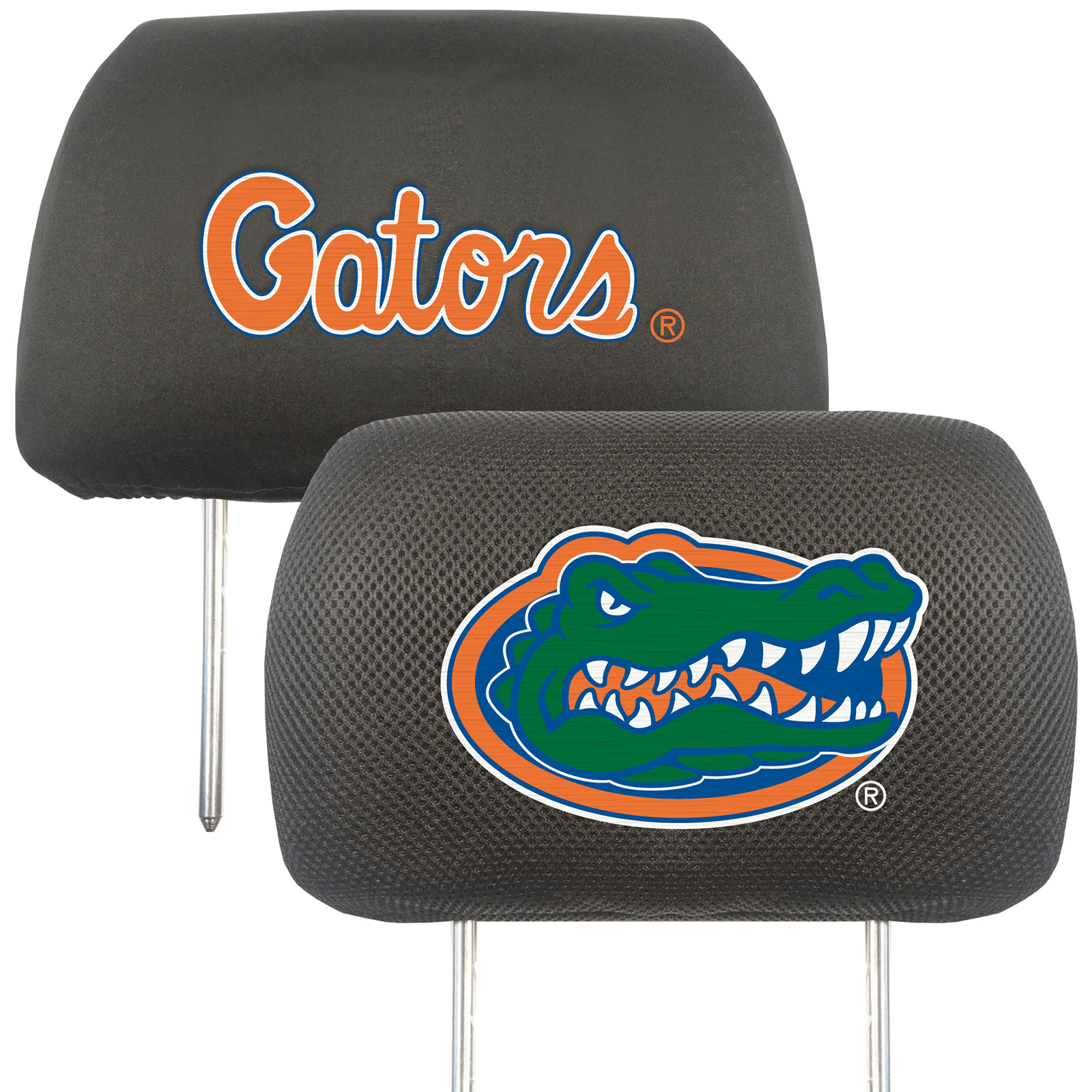 NCAA 2-PC CAR HEADREST COVER SET featuring embroidered team logos and names on soft polyester and mesh materials, designed for universal fit.