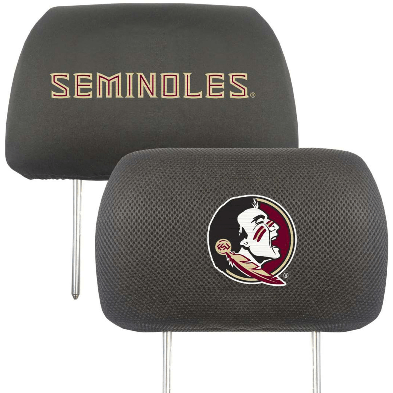 NCAA 2-PC CAR HEADREST COVER SET featuring embroidered team logos and names on soft polyester and mesh materials, designed for universal fit.