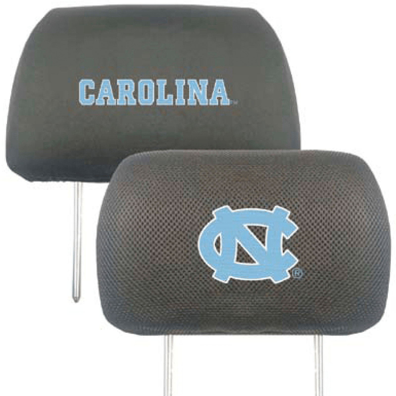 NCAA 2-PC CAR HEADREST COVER SET featuring embroidered team logos and names on soft polyester and mesh materials, designed for universal fit.