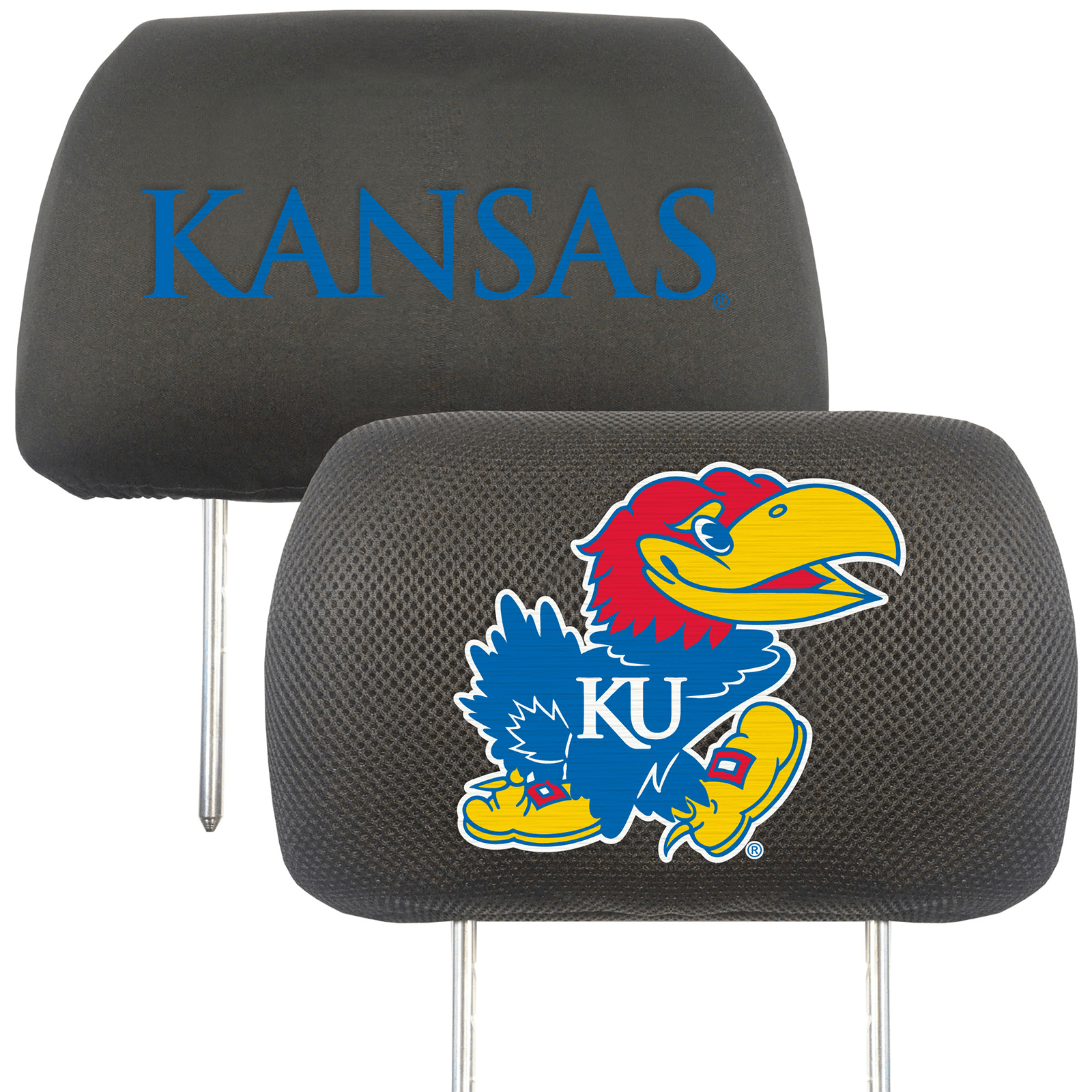 NCAA 2-PC CAR HEADREST COVER SET featuring embroidered team logos and names on soft polyester and mesh materials, designed for universal fit.