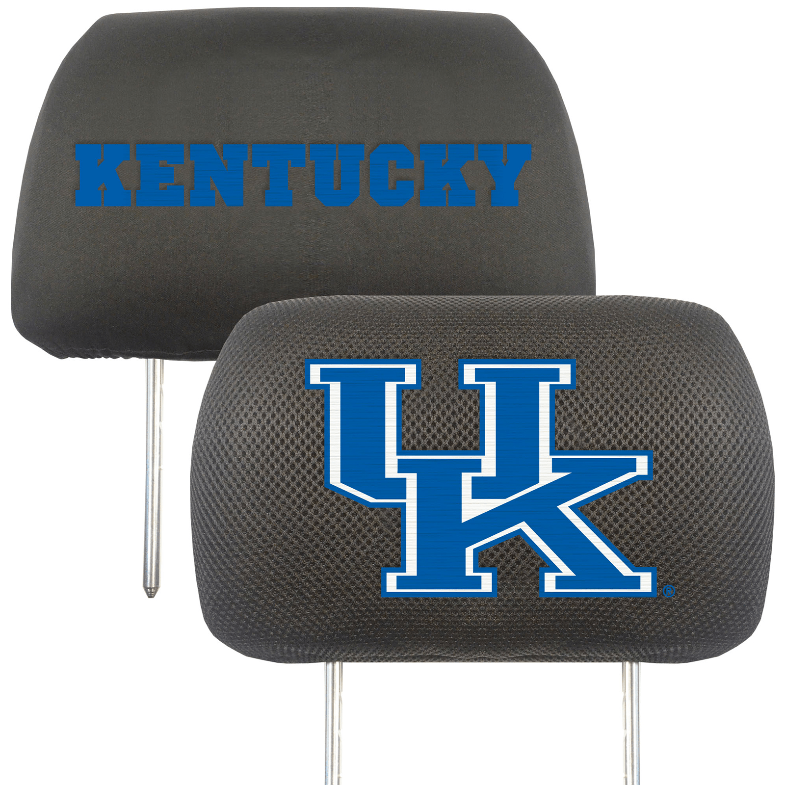 NCAA 2-PC CAR HEADREST COVER SET featuring embroidered team logos and names on soft polyester and mesh materials, designed for universal fit.