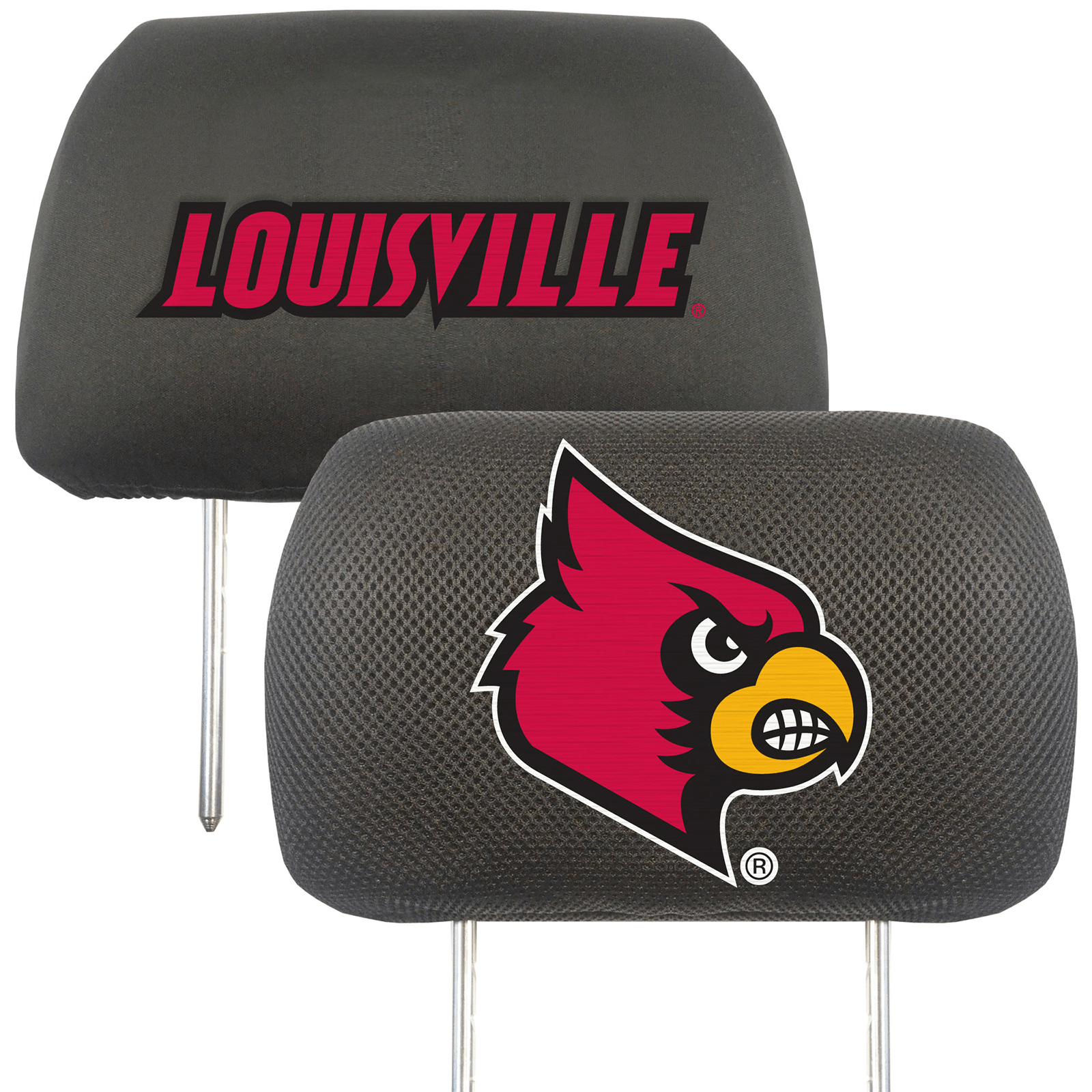 NCAA 2-PC CAR HEADREST COVER SET featuring embroidered team logos and names on soft polyester and mesh materials, designed for universal fit.