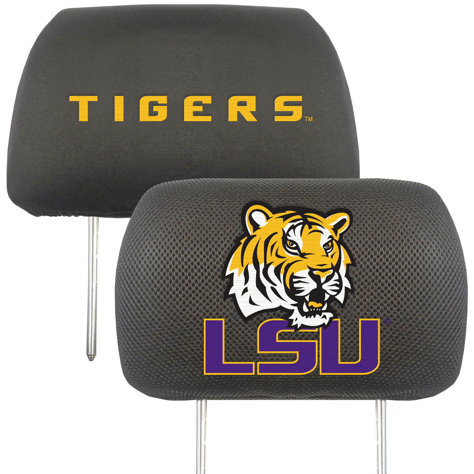 NCAA 2-PC CAR HEADREST COVER SET featuring embroidered team logos and names on soft polyester and mesh materials, designed for universal fit.