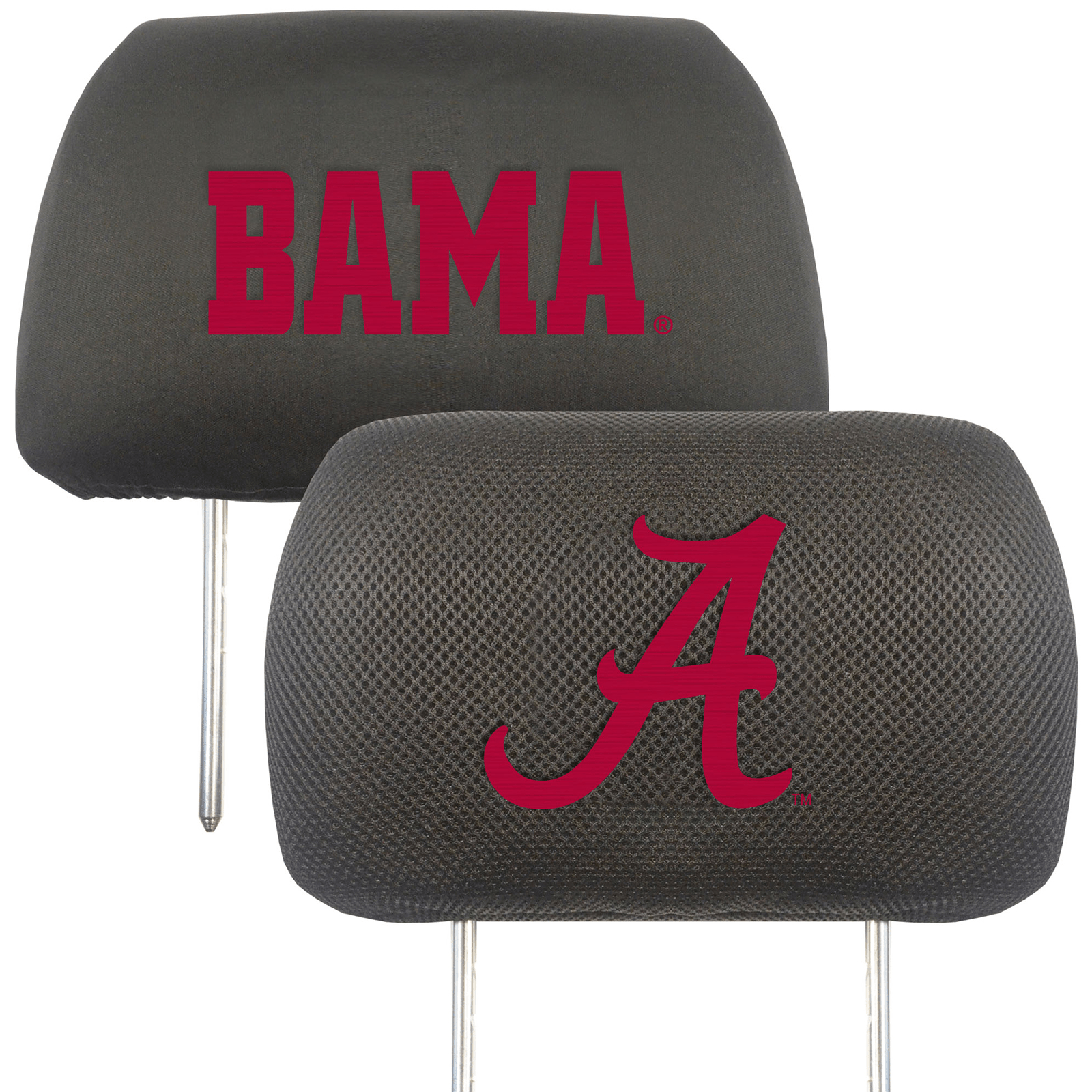 NCAA 2-PC CAR HEADREST COVER SET featuring embroidered team logos and names on soft polyester and mesh materials, designed for universal fit.