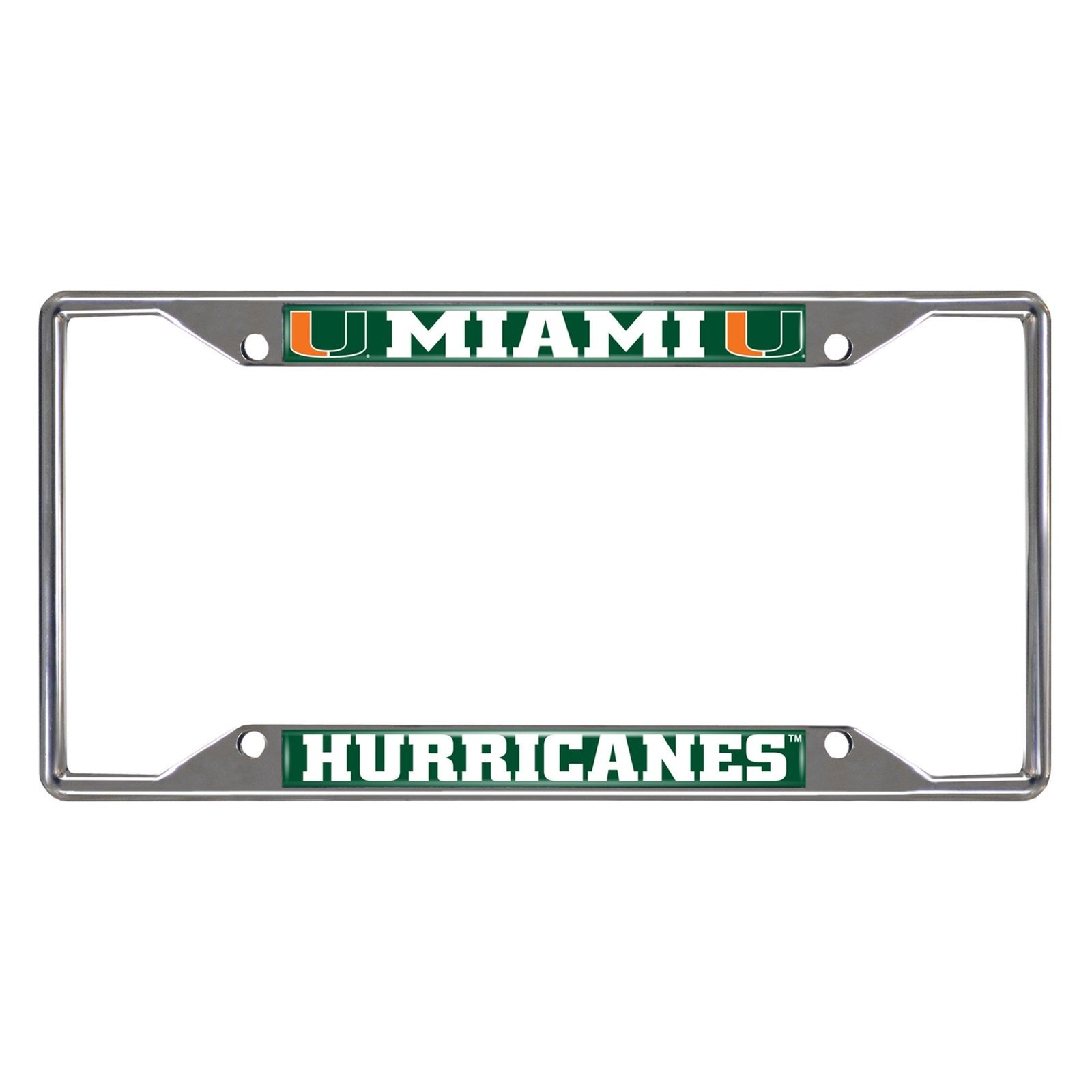 NCAA Car License Plate Frame featuring chrome metal with vibrant team logo and name, designed to fit standard license plates.