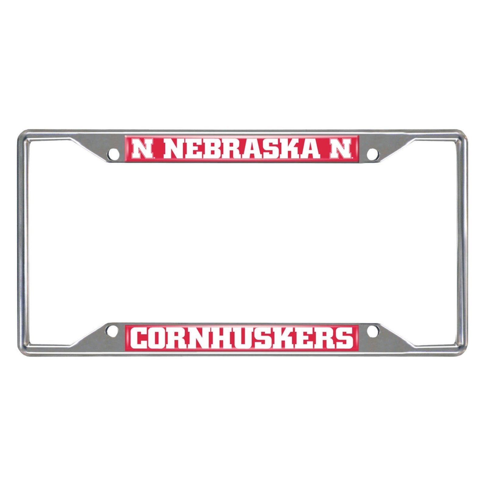 NCAA Car License Plate Frame featuring chrome metal with vibrant team logo and name, designed to fit standard license plates.