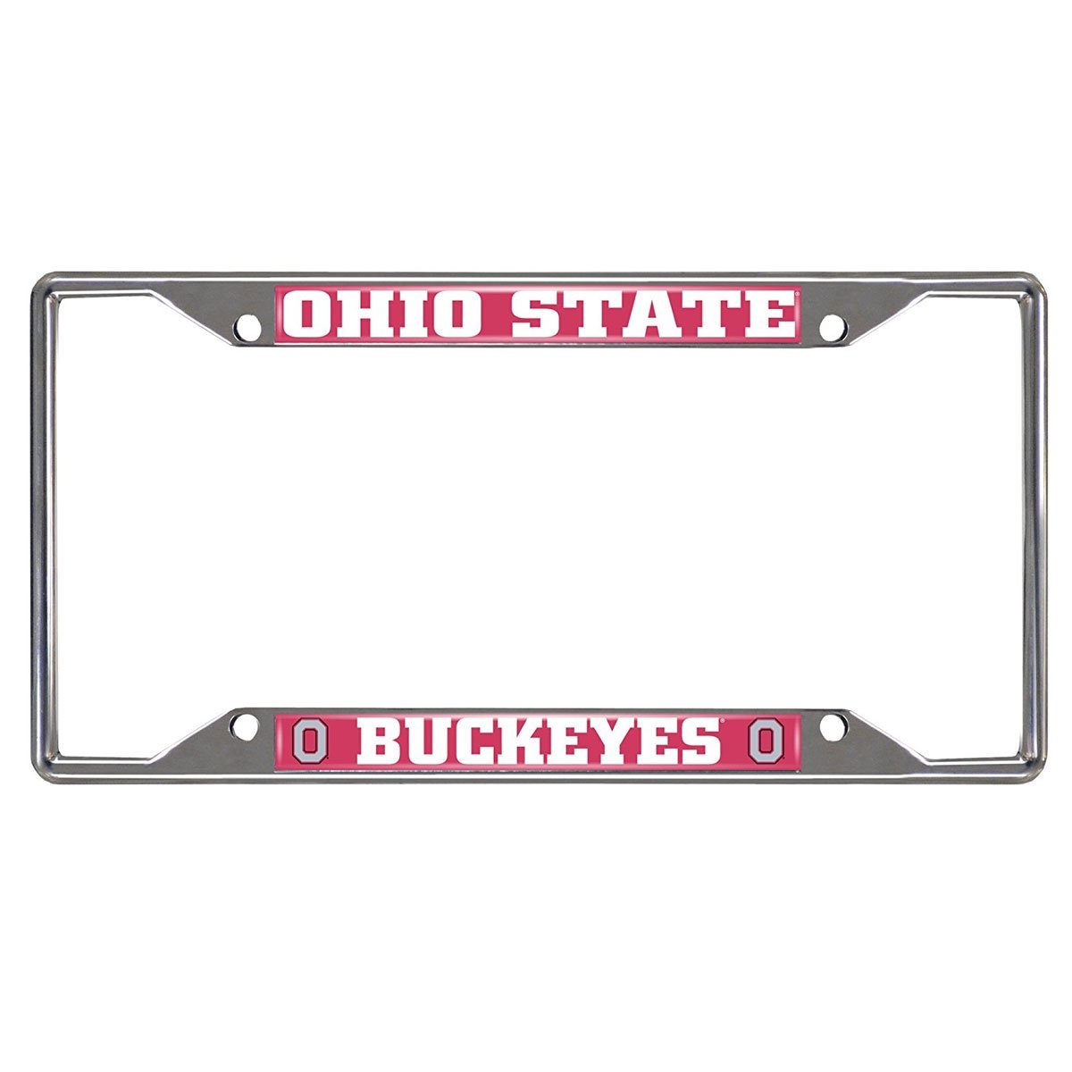 NCAA Car License Plate Frame featuring chrome metal with vibrant team logo and name, designed to fit standard license plates.